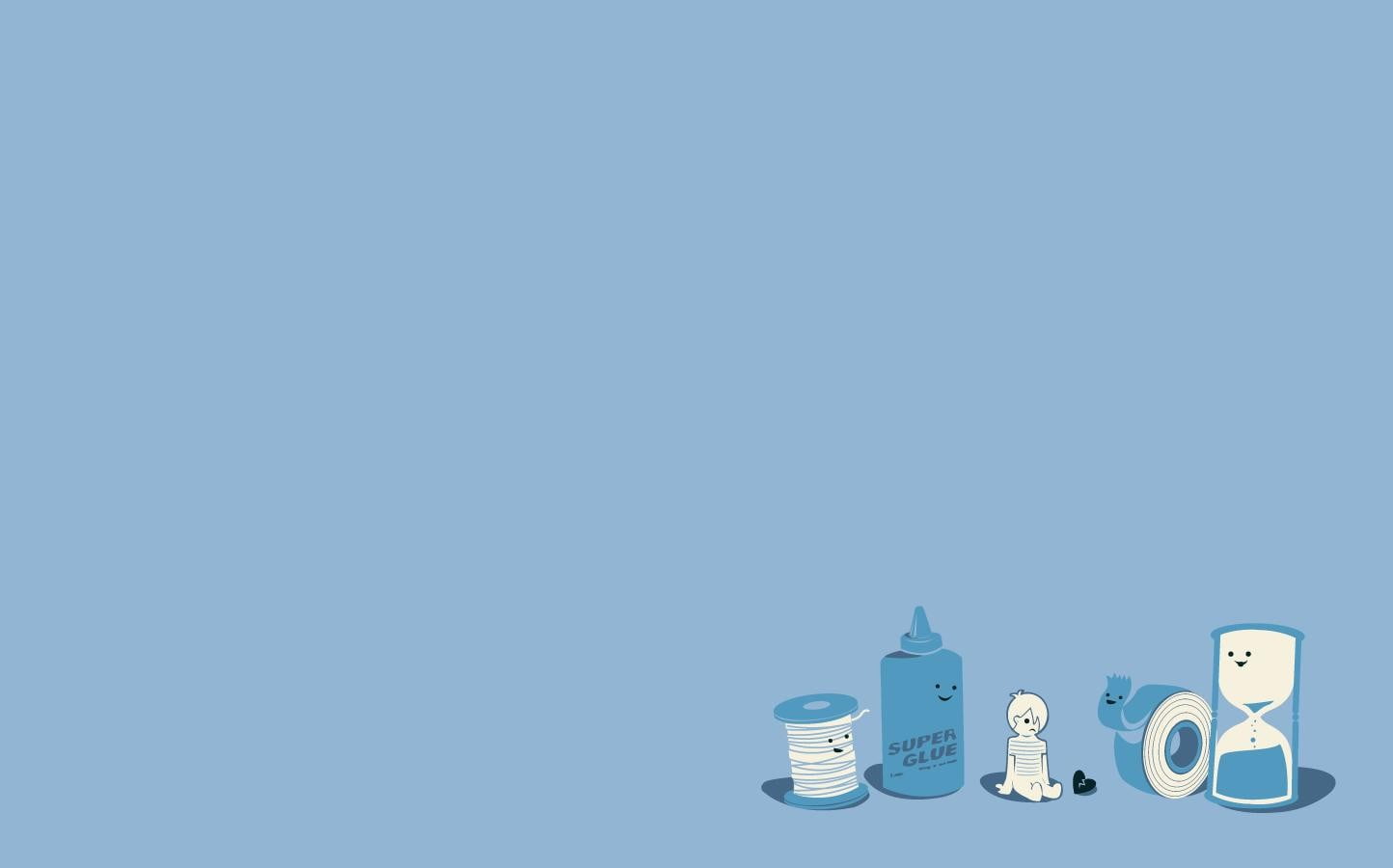 colored background, indoors, arrangement, metal, side by side, blue background, white background, time, number, bottle, thread, blue, super glue, copy space, HD Wallpaper