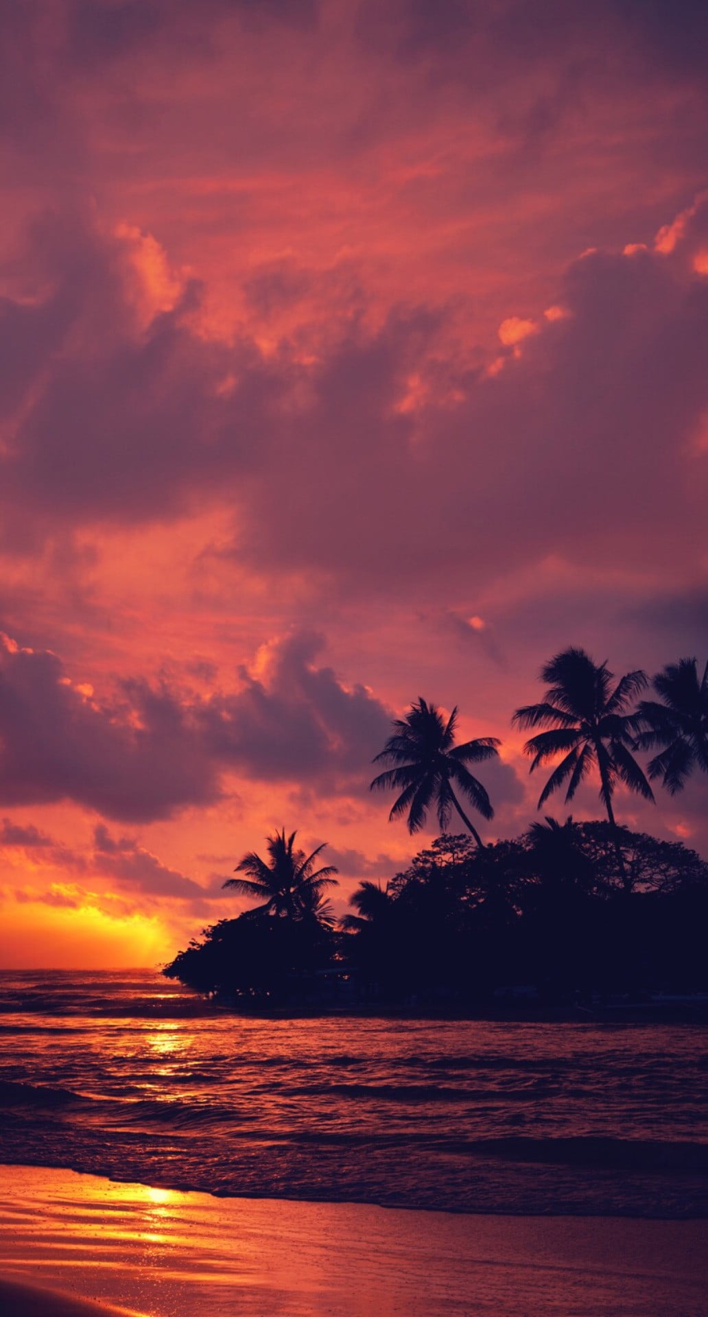outdoors, no people, island, trees, clouds, romantic sky, cloud - sky, sea, water, plant, 1080P, saturated color, beach, coconut, tranquility, nature, Phone HD Wallpaper