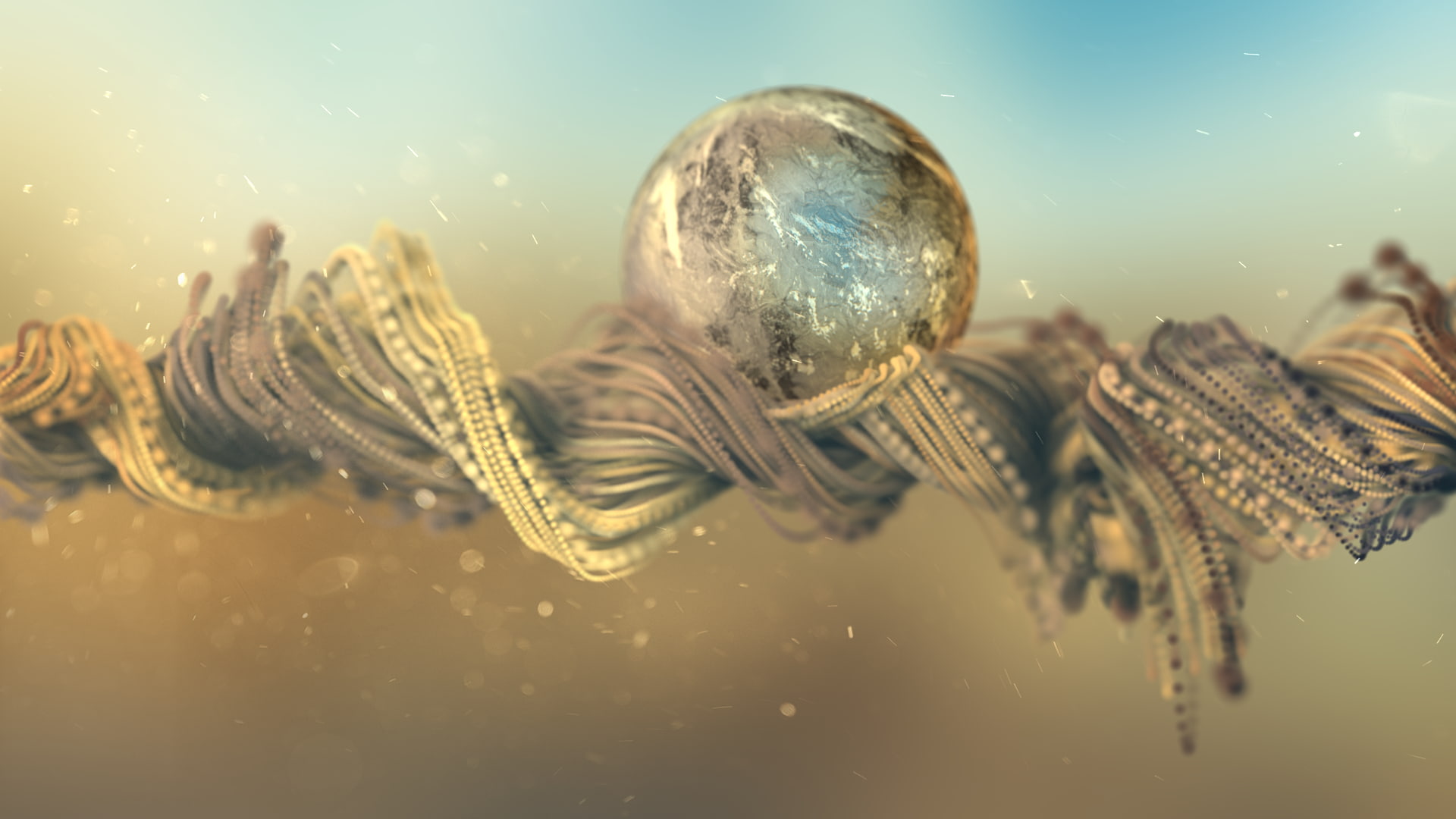 sphere, 1080P, depth of field, CGI, digital art, thread, text, waveforms, planet, HD Wallpaper