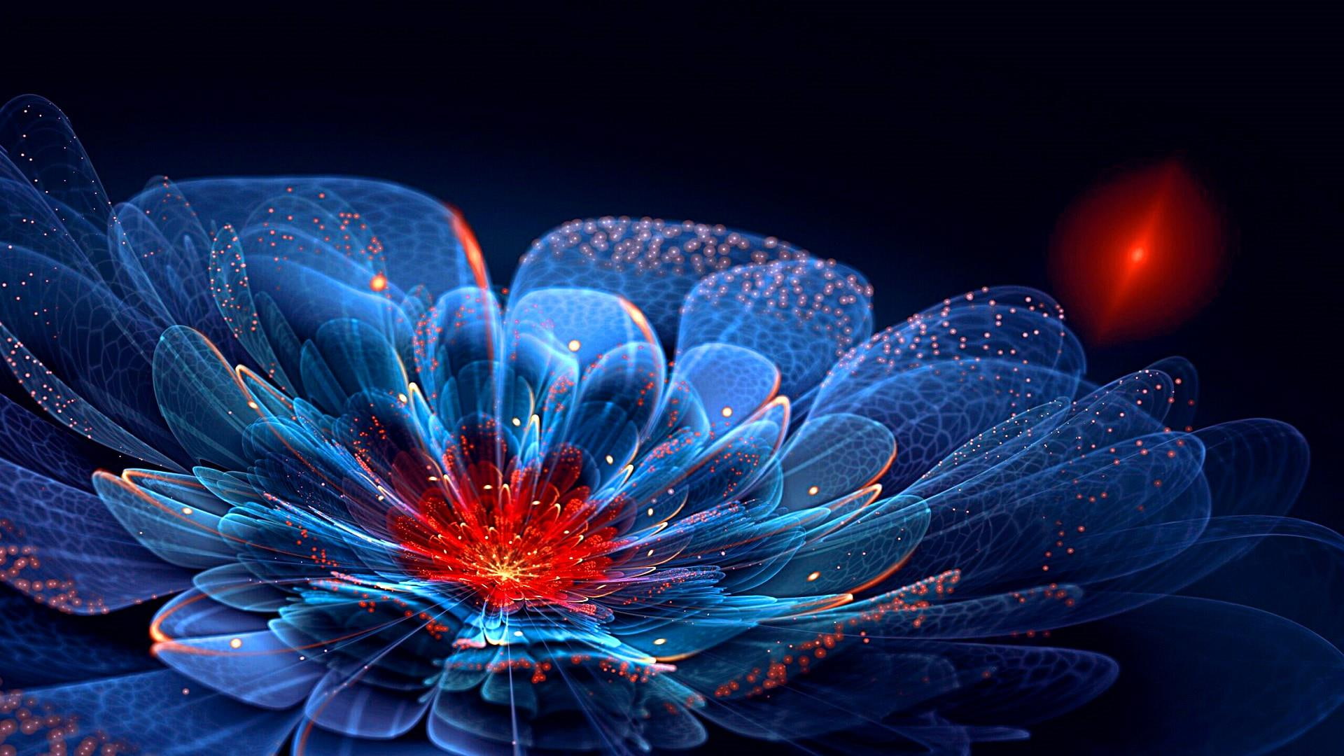 1080P, petal, digital, flower, blue, plant, digital art, fractal art, HD Wallpaper