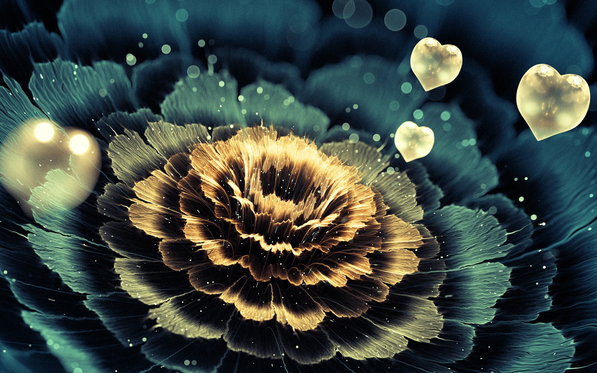 petals, digital art, flowers, heart, fractal, 3D fractal, love, 1080P, HD Wallpaper