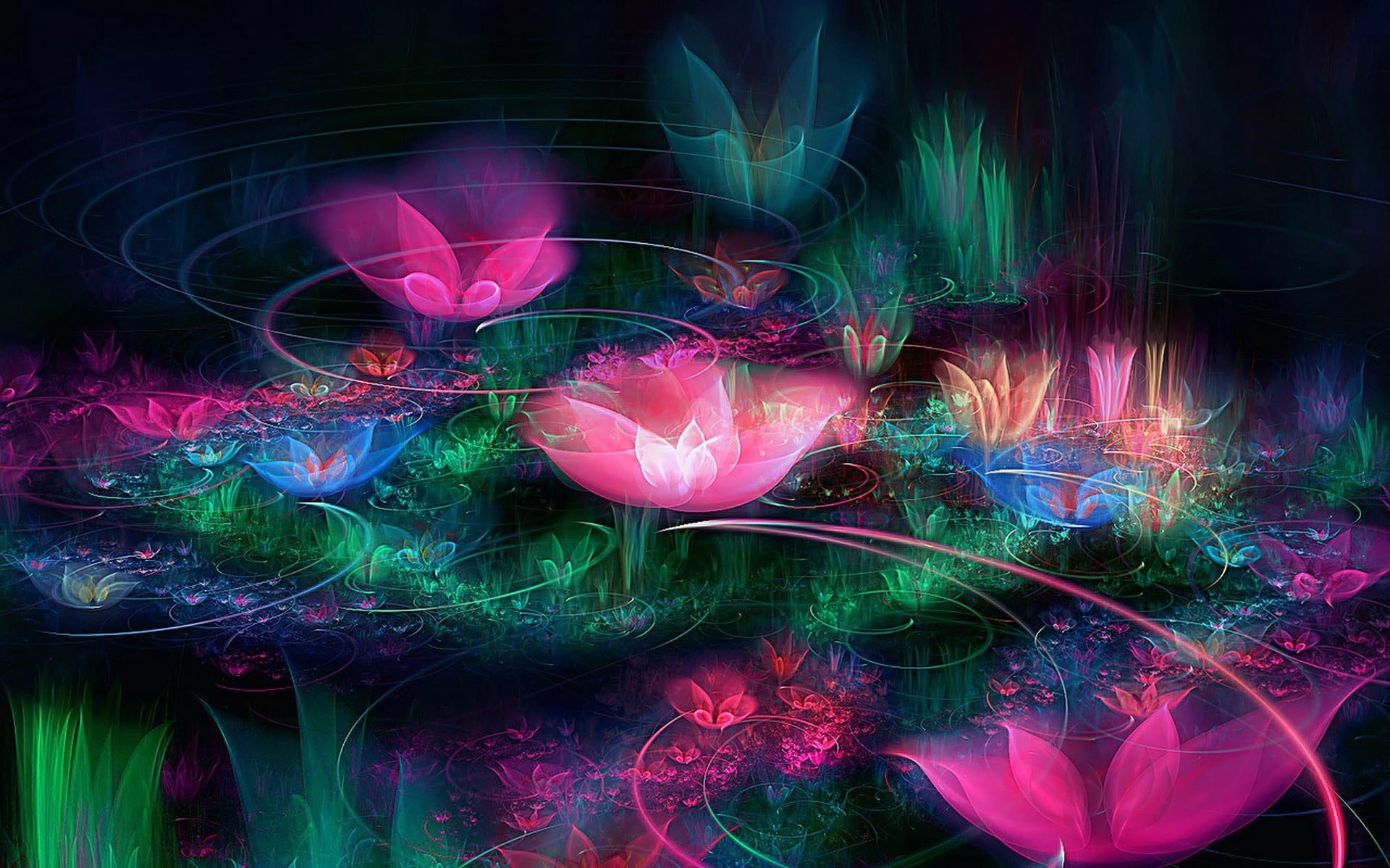 flight, bright, digital composite, full frame, art, computer Graphic, 1080P, shape, space, curve, night, fractal, elegance, circle, glowing, vibrant Color, HD Wallpaper