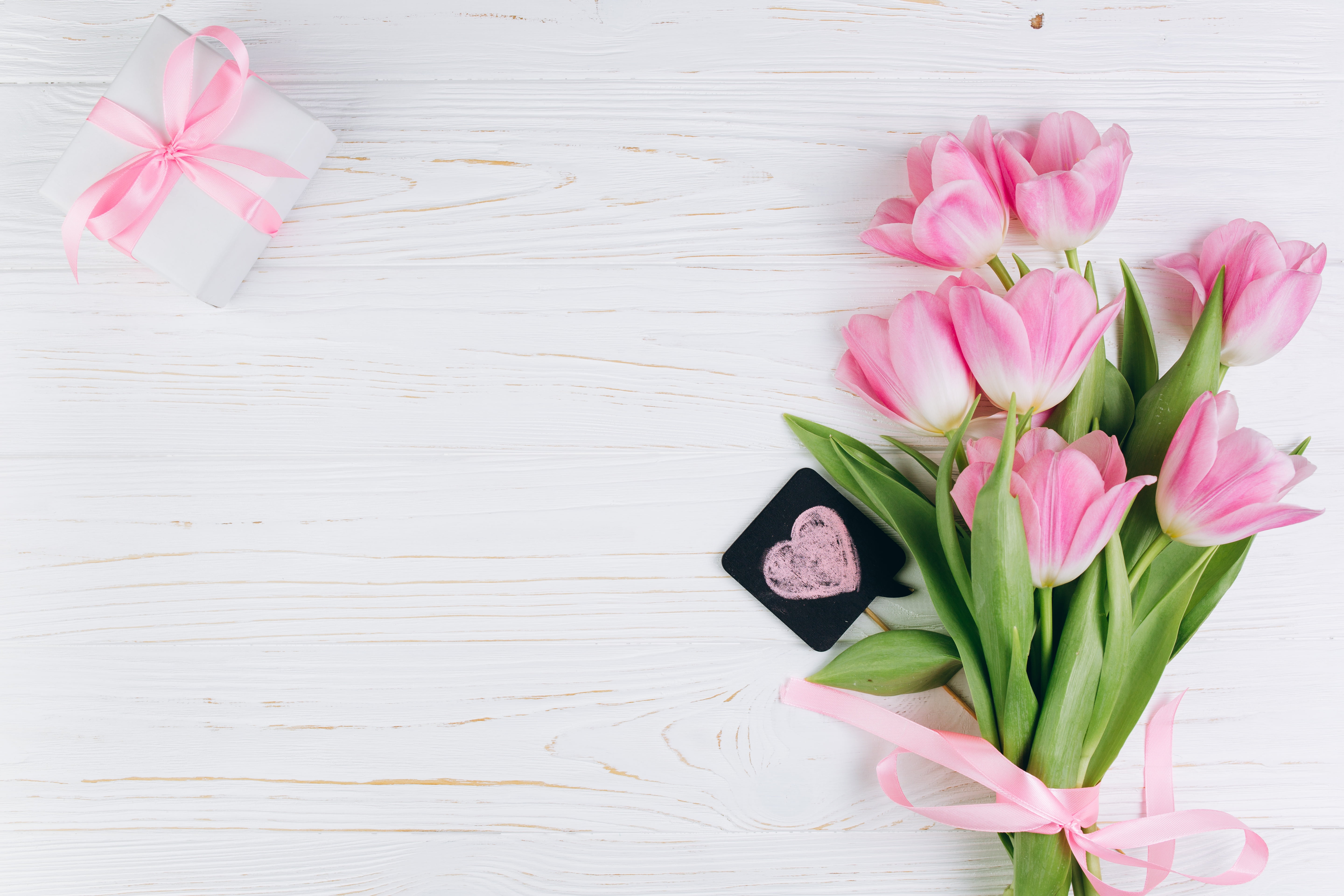 beautiful, gift, spring, tulips, heart, tender, love, 5K, wood, pink, with love, flowers, fresh, romantic, HD Wallpaper