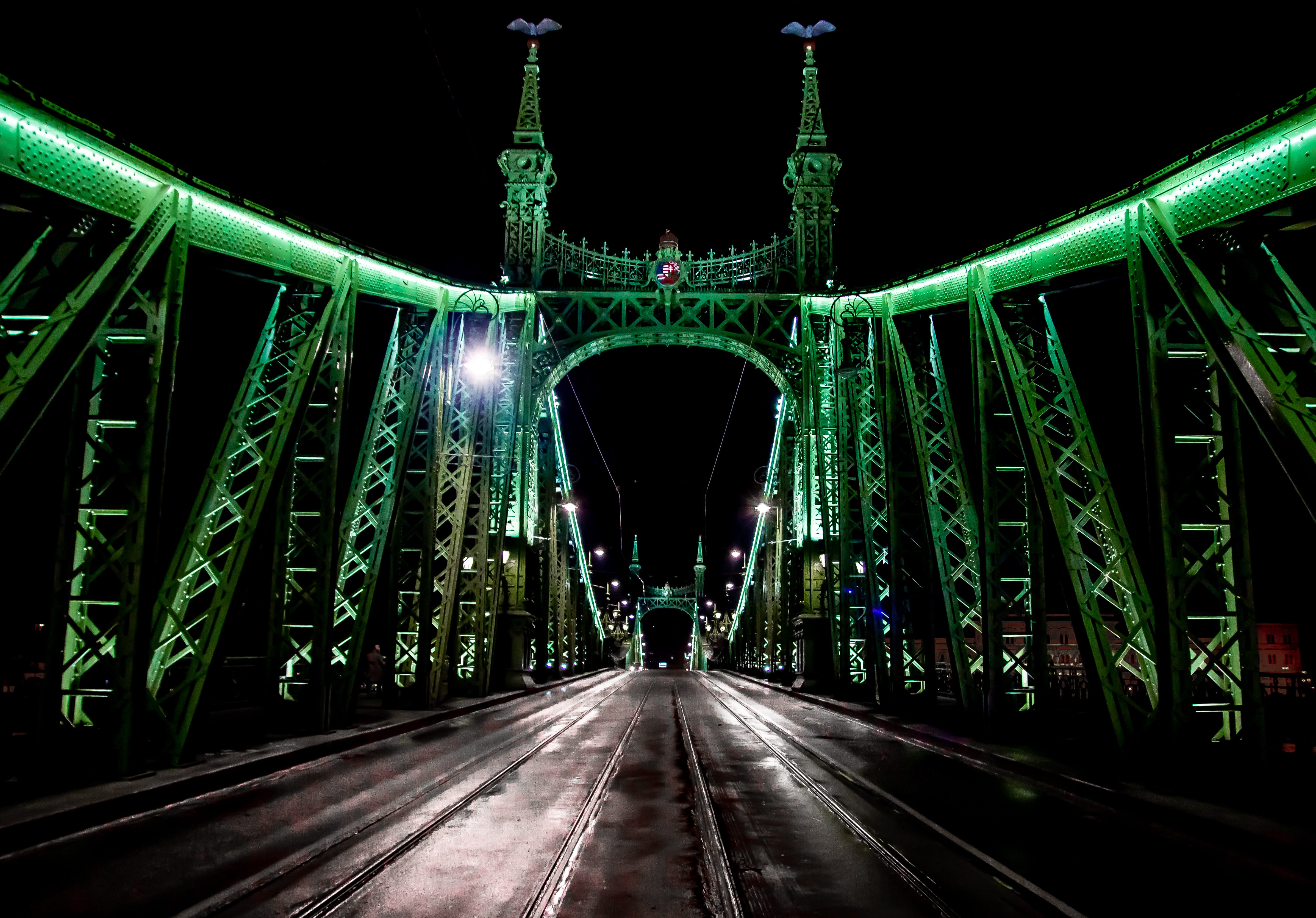 green, no people, green color, road, parallel, travel, transportation, travel destinations, nature, night, bridge - man made structure, illuminated, connection, HD Wallpaper
