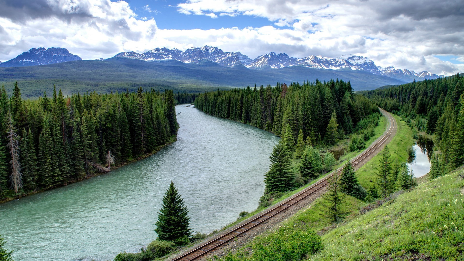 railway, forest, mountains, 1080P, river, nature, landscape, HD Wallpaper