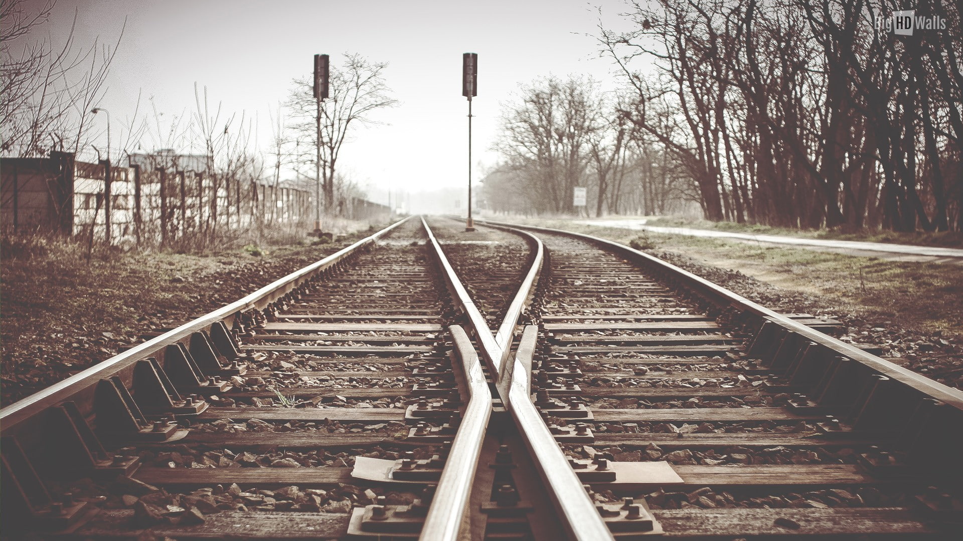 railway, vanishing point, sky, 1080P, nature, metal, tree, outdoors, transportation, gravel, railroad tie, bare tree, the way forward, no people, mode of transportation, HD Wallpaper