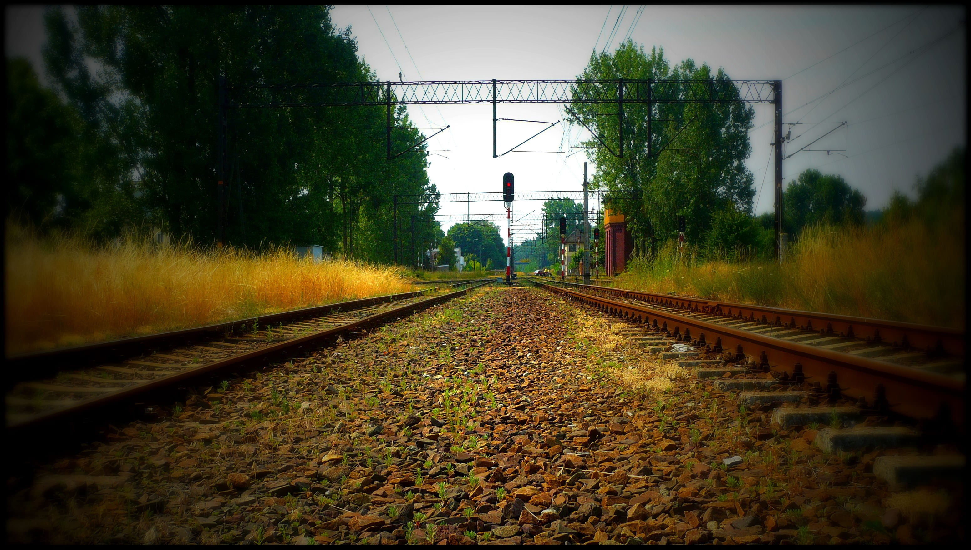 trees, rail transportation, long, gravel, day, transportation, transfer print, auto post production filter, architecture, no people, vignette, track, plant, HD Wallpaper