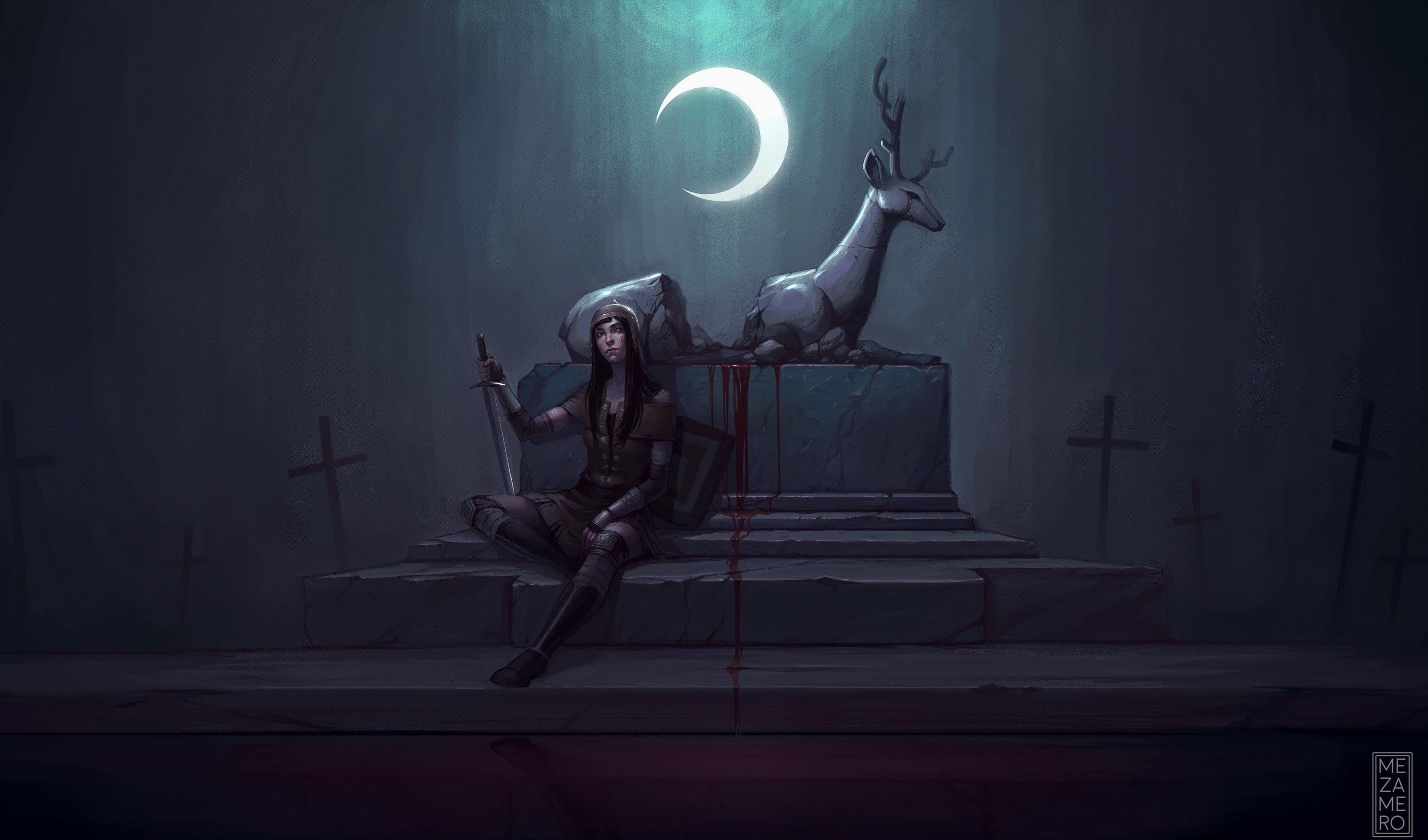 illustration, fantasy, fantasy art, moon, 2K, deer, sword, art, HD Wallpaper