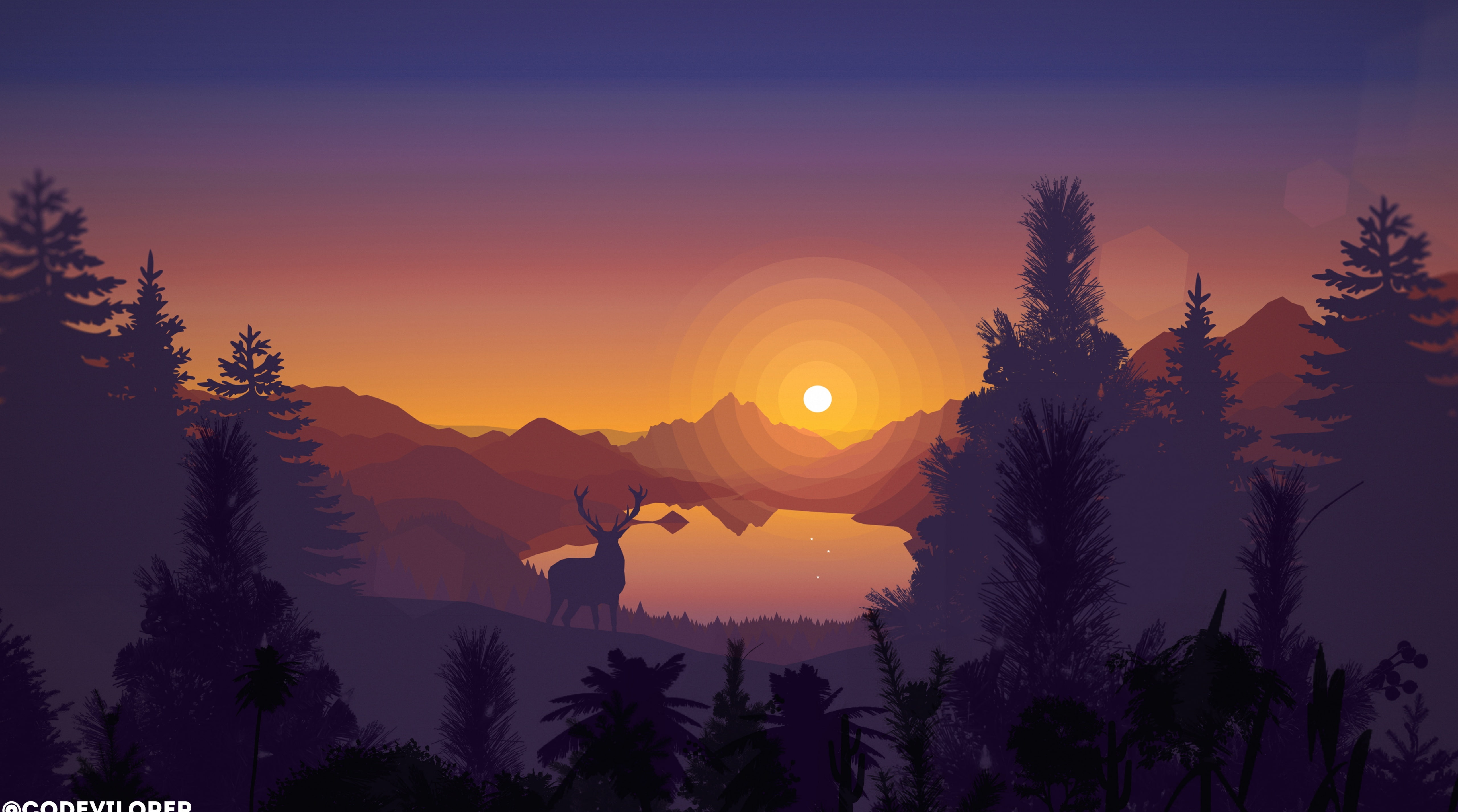 flat, non-urban scene, outdoors, trees, orange color, idyllic, sky, near, tree, Vector Art, sunset, abstract, coniferous tree, deer, plant, Aero, HD Wallpaper