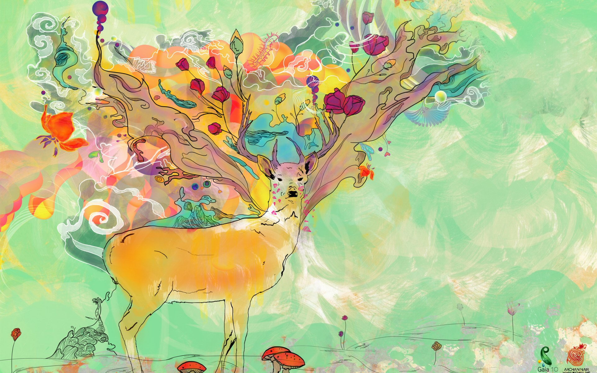 colorful, deer, hd, painting, drawing, 1080P, flower, digital/artwork, abstract, HD Wallpaper