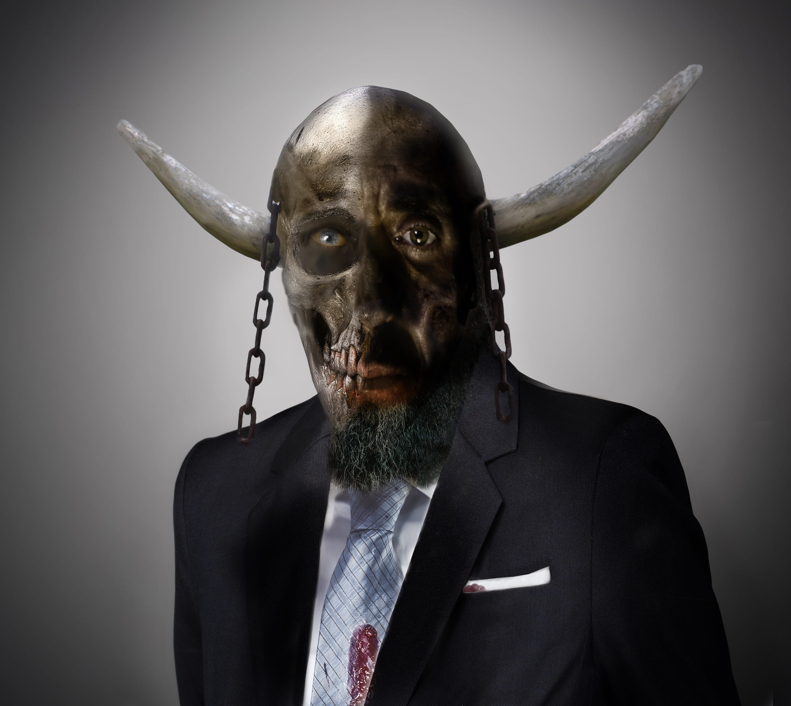 photo manipulation, males, horned, creature, horror, mammal, evil, portrait, celebration, 2K, spooky, animal imitation, looking at camera, indoors, gloomy, HD Wallpaper