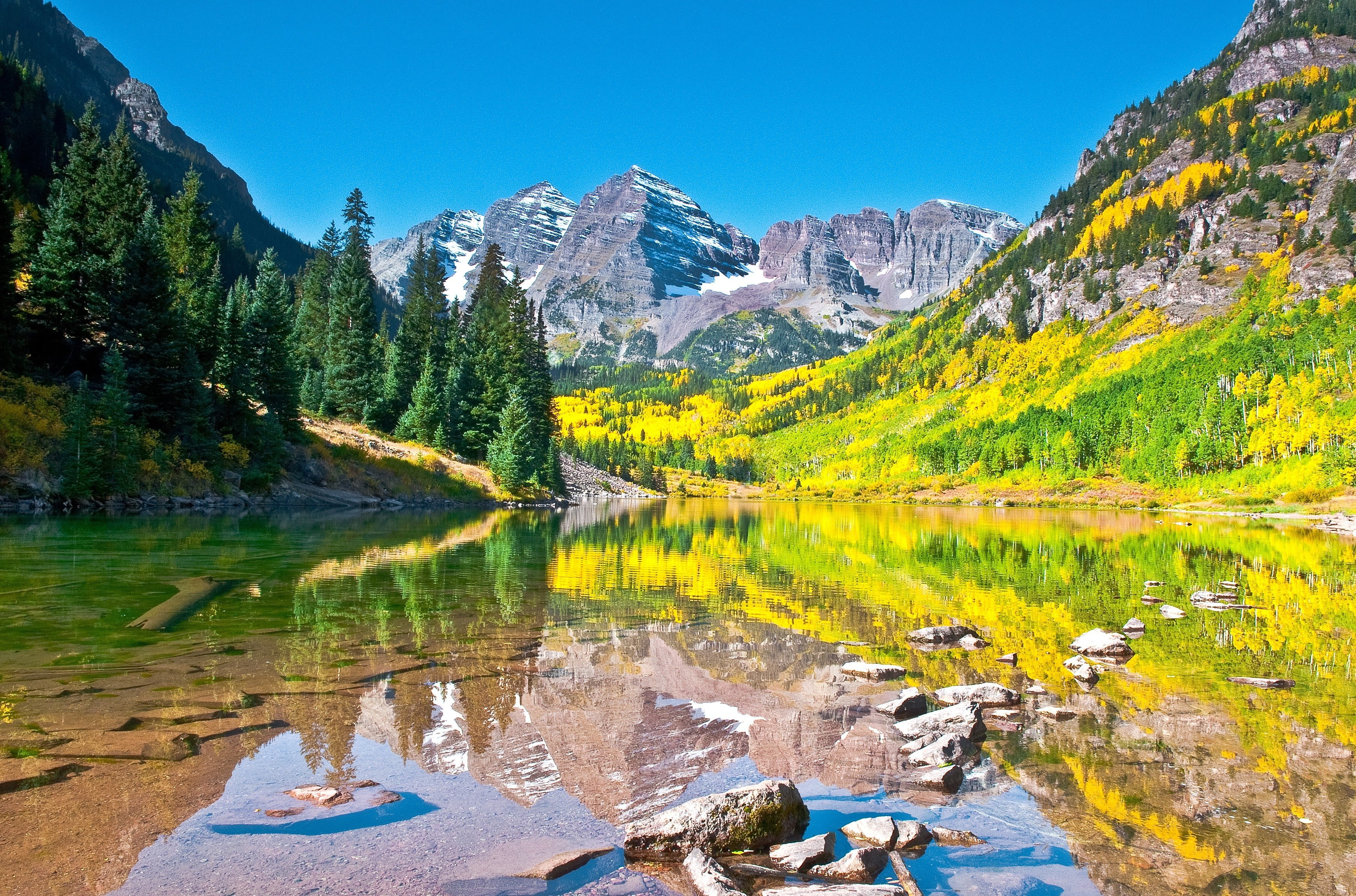 forest, reflection, aspen, lake, mountains, sky, maroon, 2K, bells, colorado, autumn, HD Wallpaper