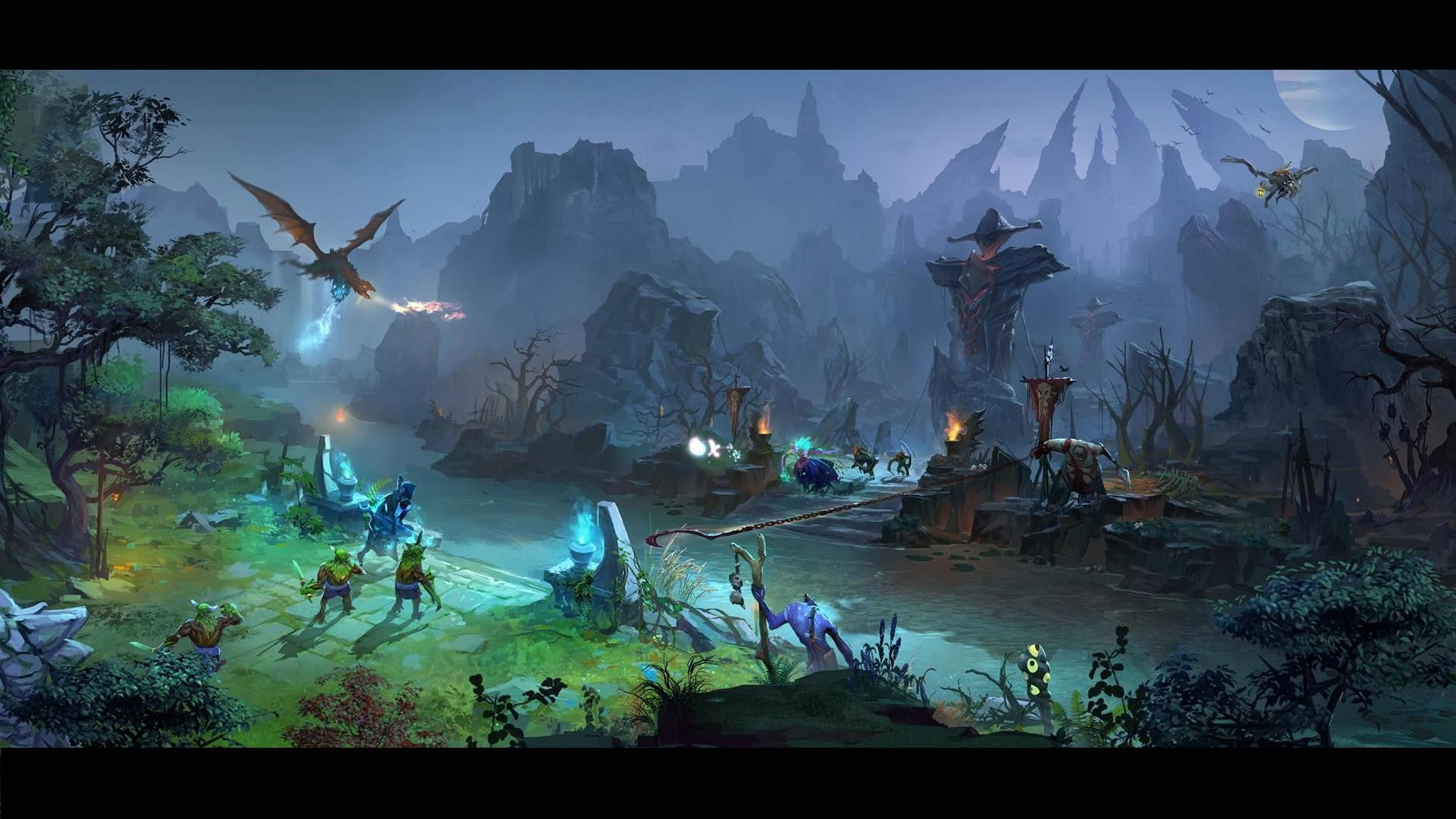 nature, Dead Prophet, fantasy Art, transfer print, auto post production filter, group of people, Dire, water, mountain, video games, tree, tranquil scene, HD Wallpaper