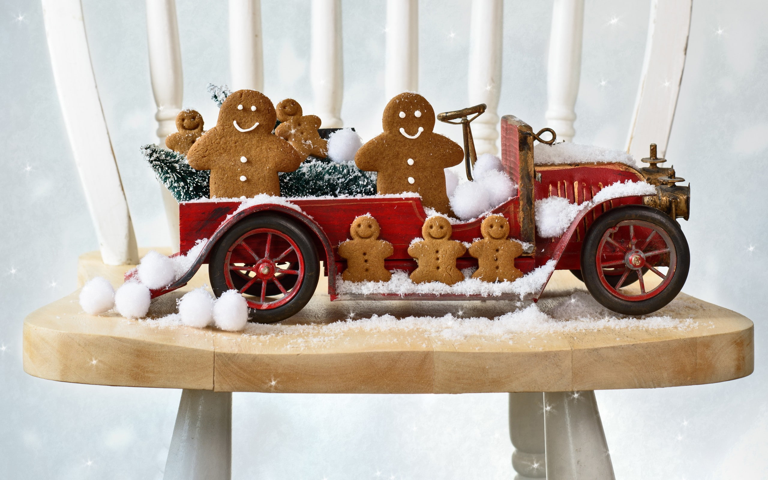 winter, 2K, holiday, toy, gingerbread, chair, celebration, snow, christmas, event, representation, indoors, no people, christmas decoration, New Year, HD Wallpaper