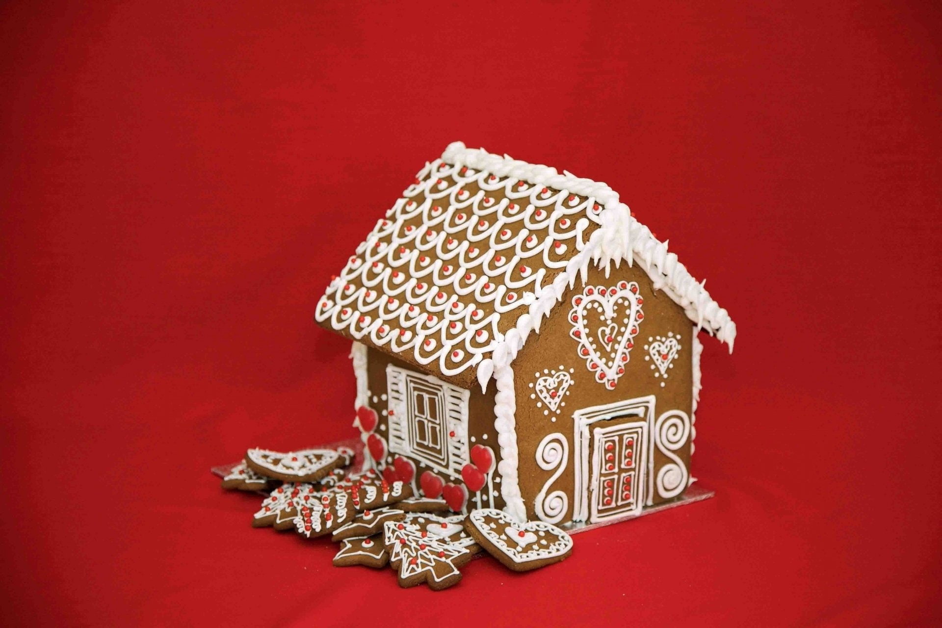 Christmas, Gingerbread, House, 1080P, Cookie, Cake, Food, Red, HD Wallpaper