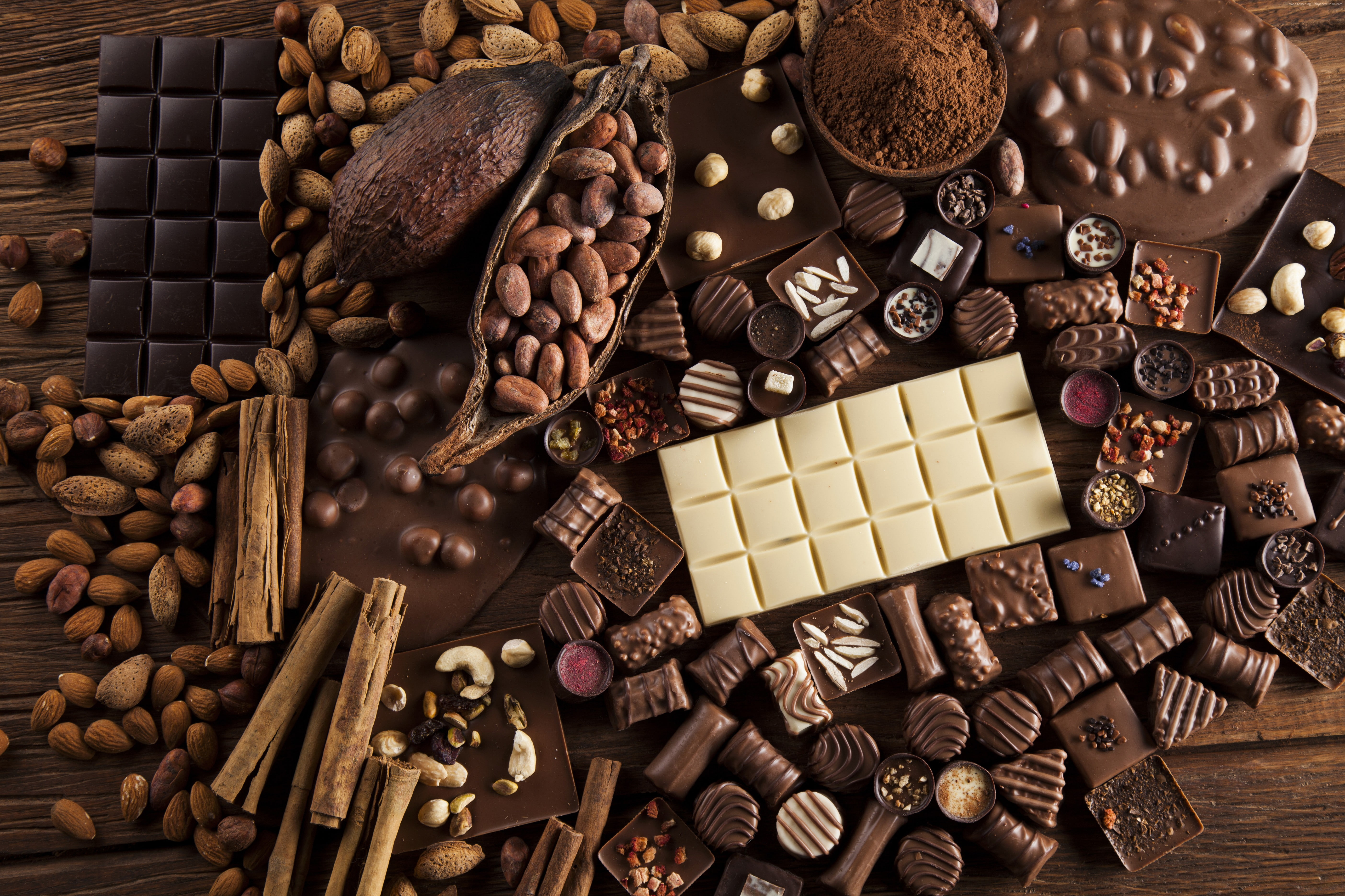 table, large group of objects, roasted coffee bean, food and drink, wood - material, cocoa, close-up, brown, temptation, still life, sweet food, delicious, HD Wallpaper