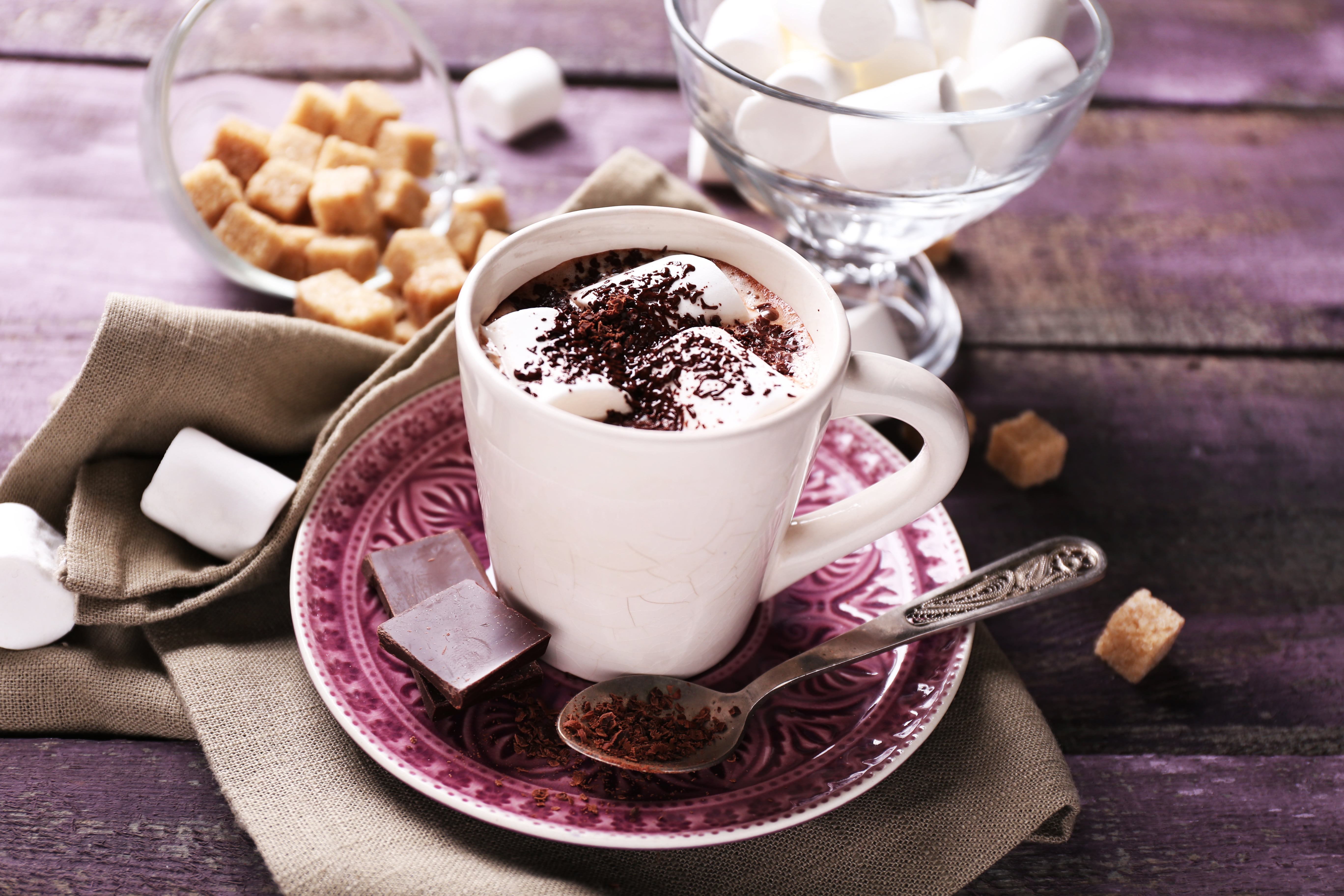sugar cube, cream, food and drink, sweet, marshmallow, no people, cocoa, purple, espresso, cookie, ceramic, drink, hot, 5K, plate, latte, wood - Material, HD Wallpaper