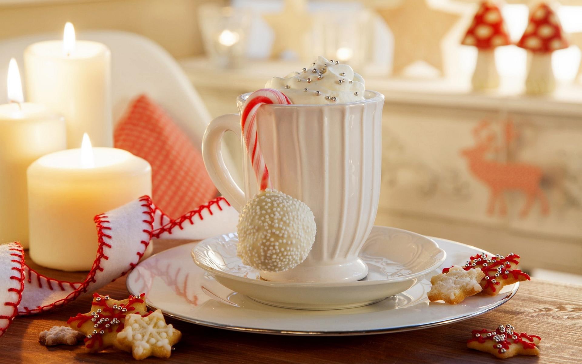 christmas, ceramic, candle, filled, 1080P, cup, hot, candy, cream, holidays, chocolate, white, saucer, 1920x1200, HD Wallpaper