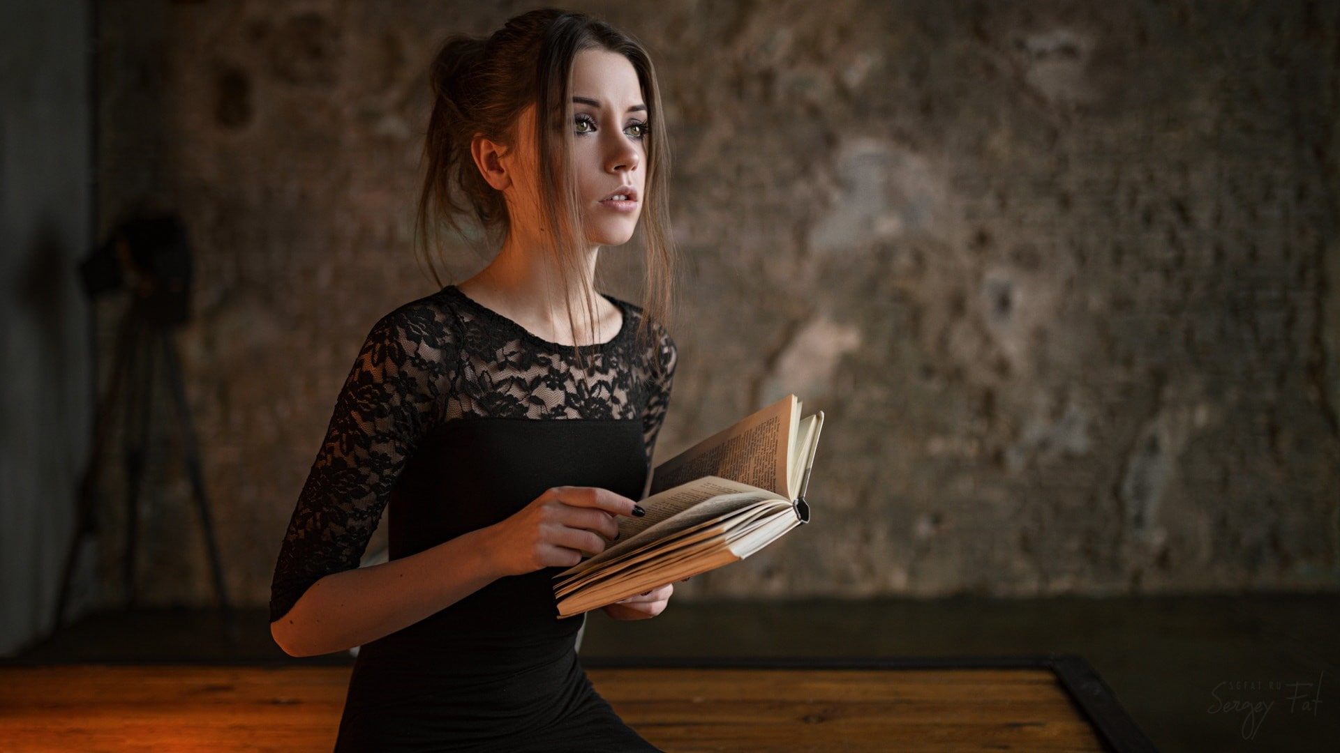 Sergey Fat, black nails, 1080P, looking away, model, books, Ksenia Kokoreva, women, portrait, black dress, HD Wallpaper