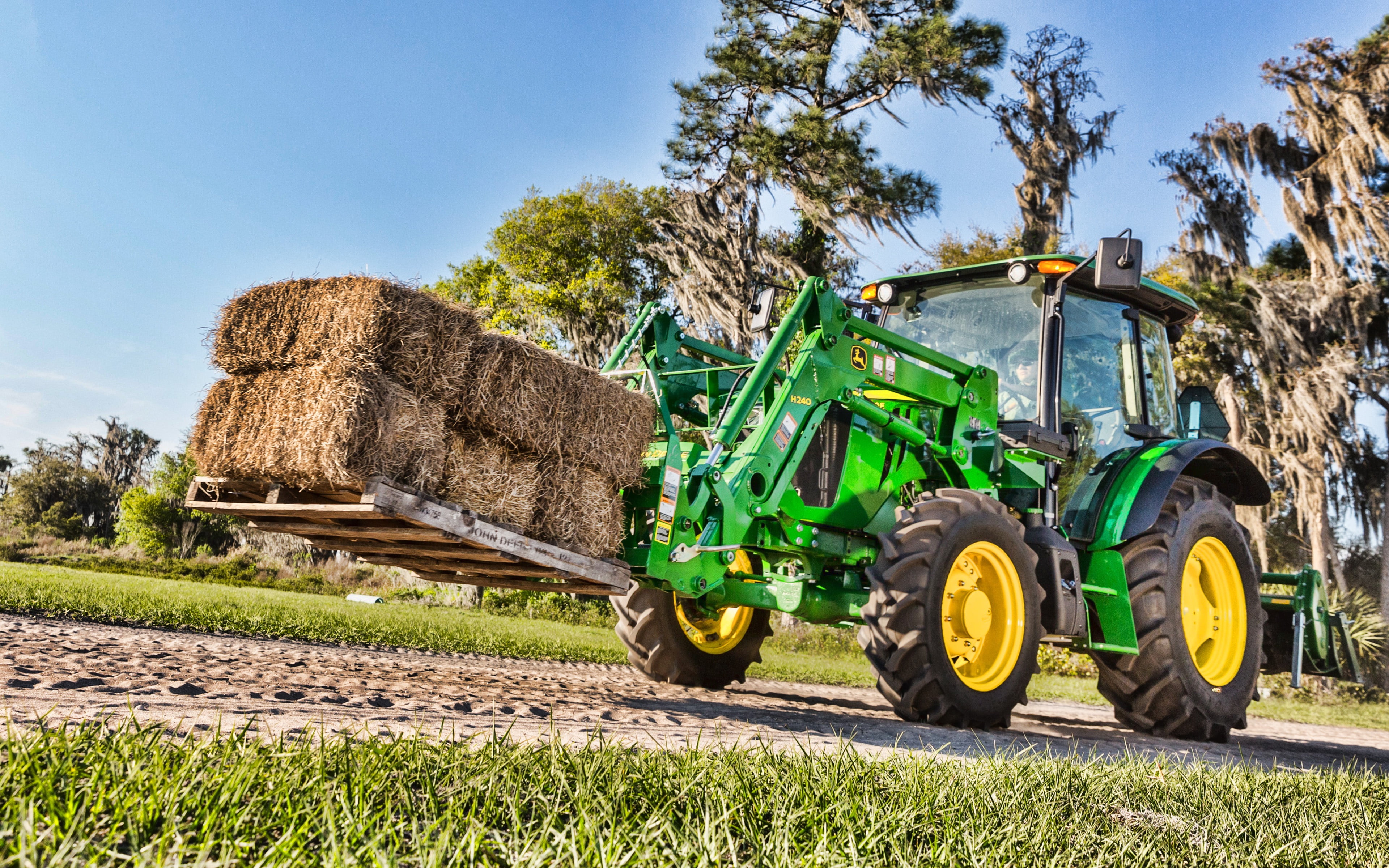 loader, bales of hay, John Deere 5100e, street, John Deere, 4K, tractor, wheel, pallet, cabin, green, hay, front loader, HD Wallpaper