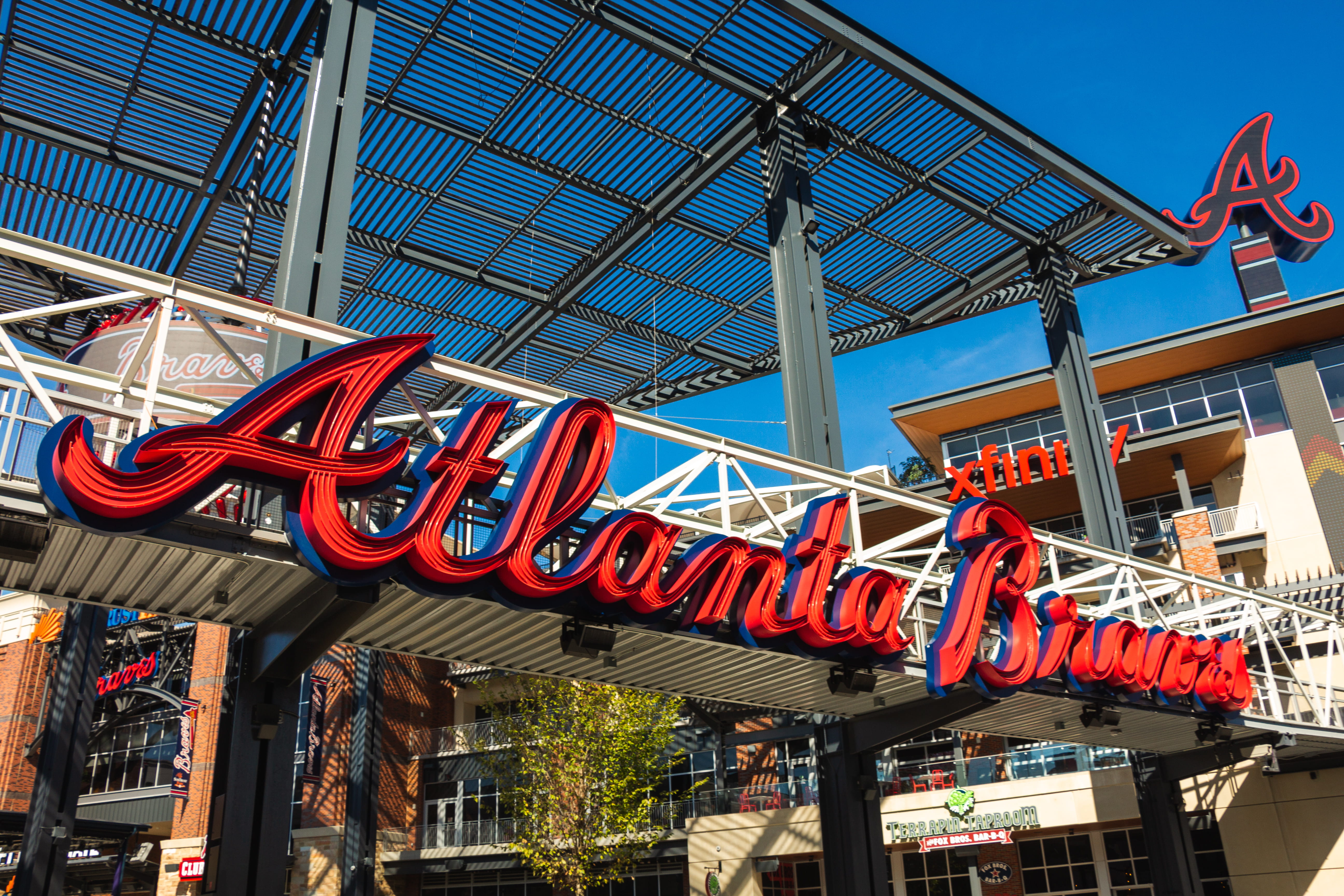ceiling, sky, no people, neon, low angle view, built structure, communication, amusement park, building exterior, atlanta, arts culture and entertainment, HD Wallpaper