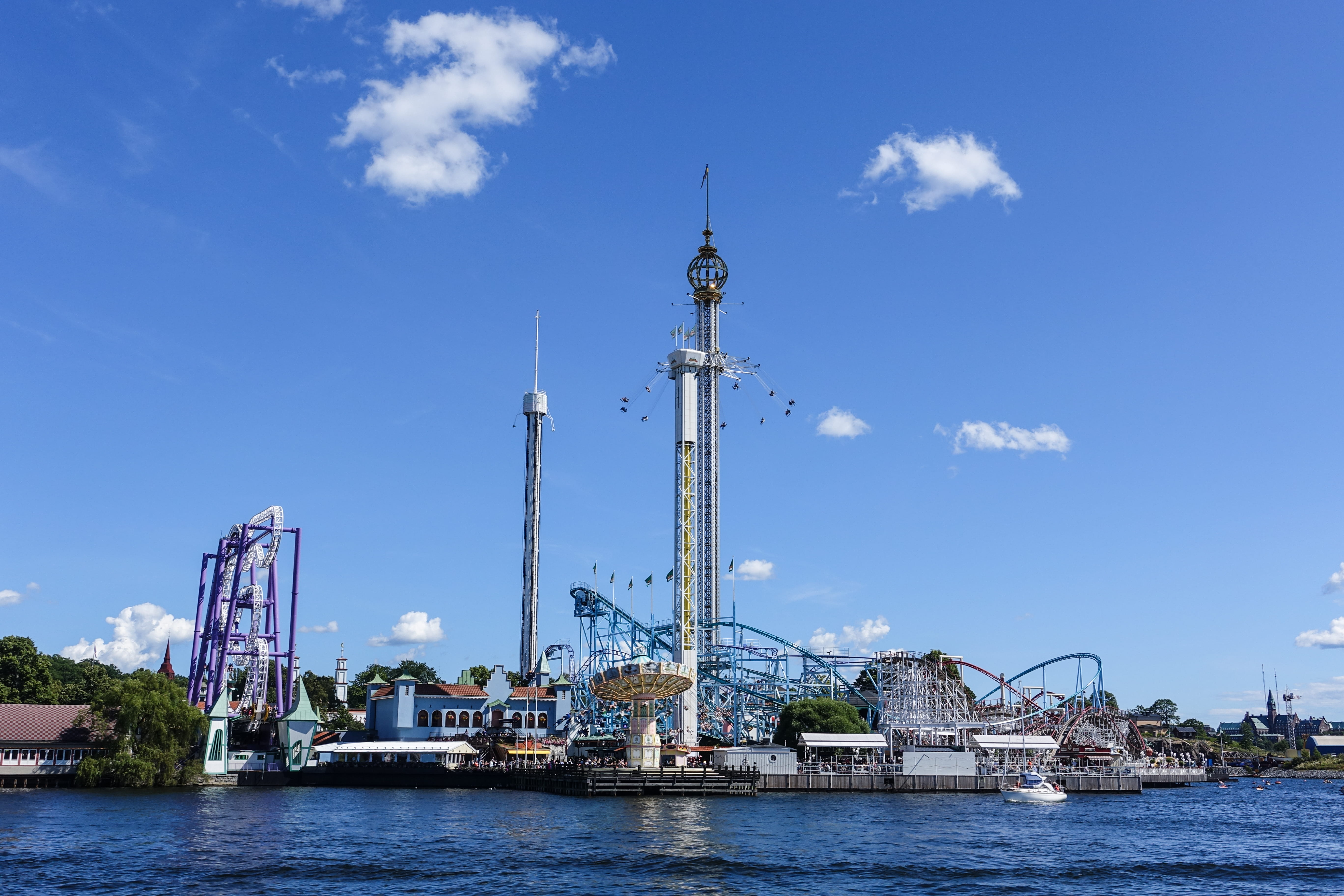 tall - high, tower, sky, spire, blue, rollercoasters, 5K, park, stockholm, industry, nautical vessel, river, sweden, architecture, transportation, building exterior, HD Wallpaper
