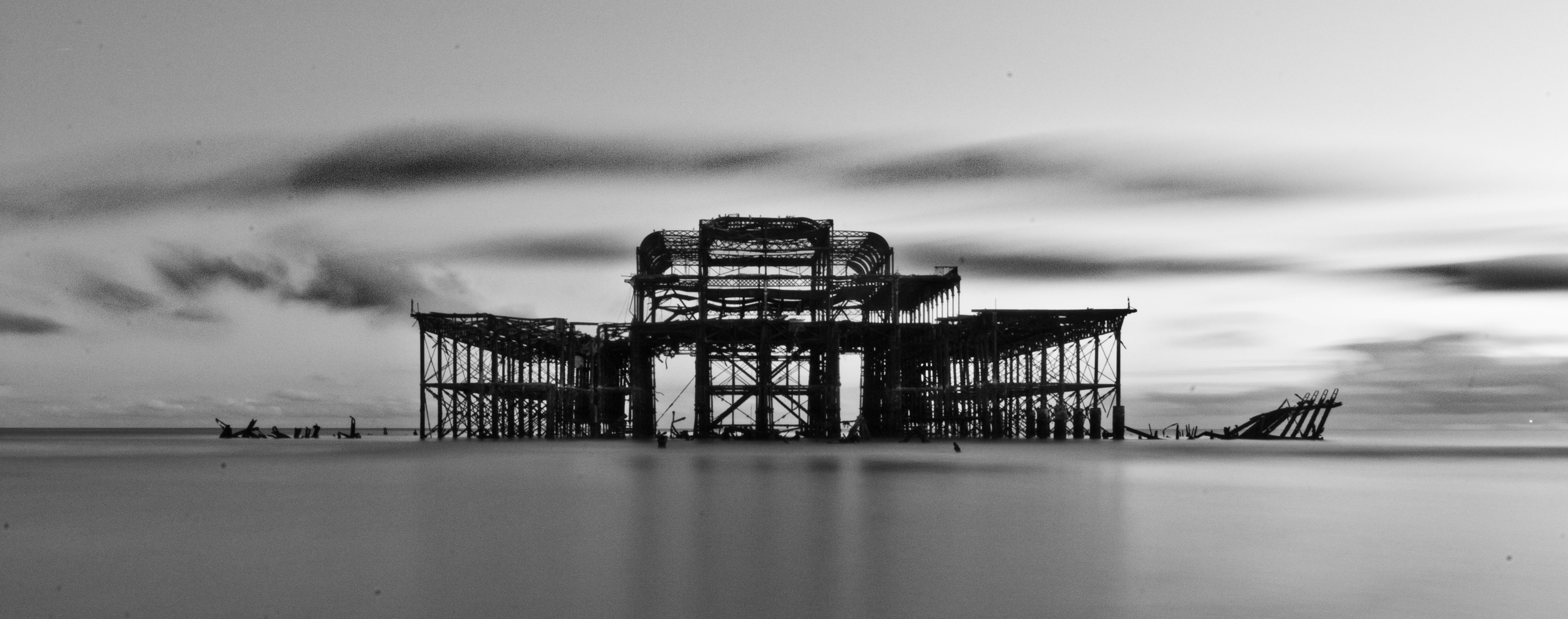 pier, seascape, architecture, structure, sky, sussex, outdoors, travel, ocean, rollercoaster, history, sea, water, cloud - sky, nature, landscape, grayscale, HD Wallpaper