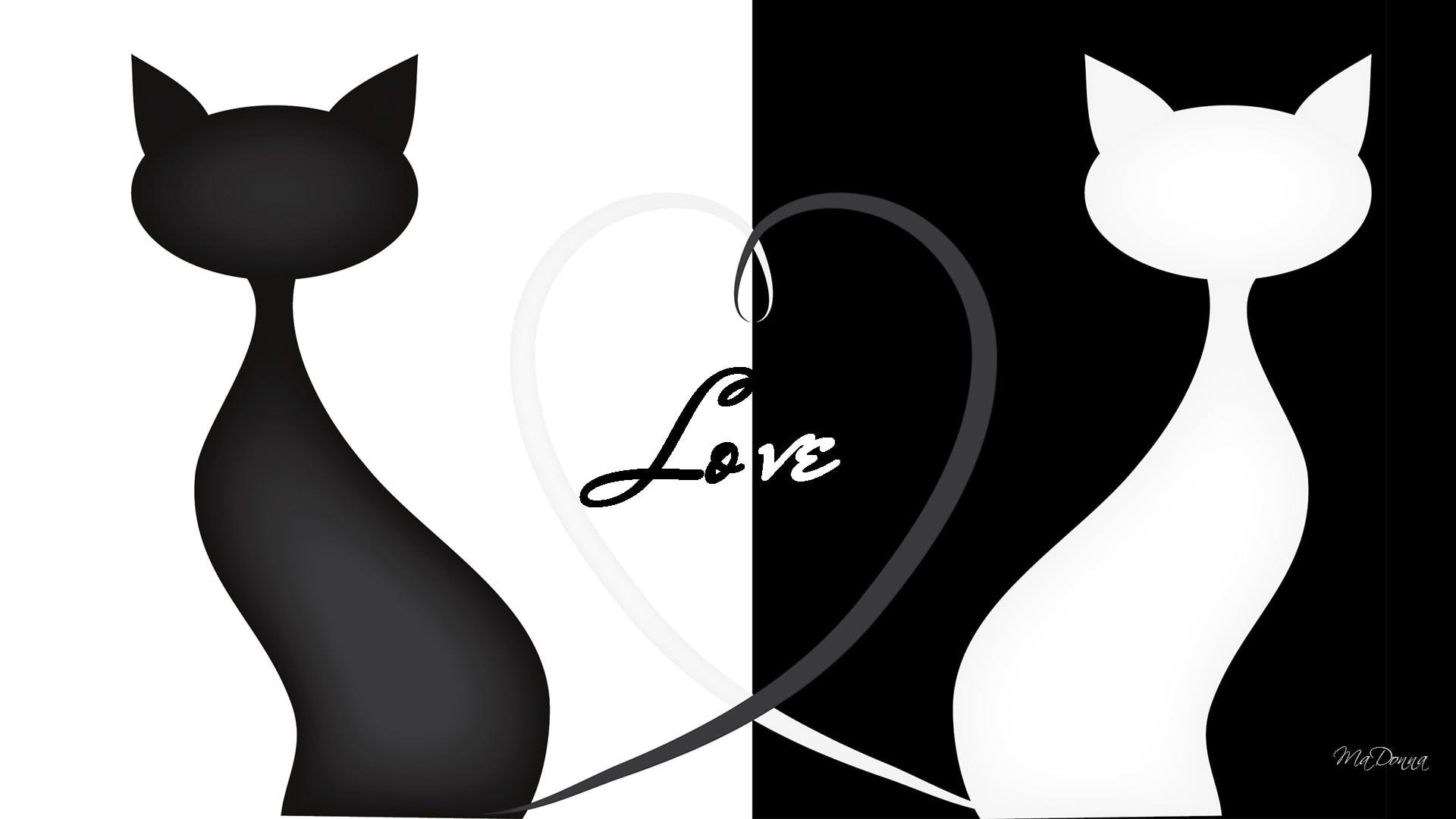 feline, two, 1080P, cat, heart, love, abstract, illustration, silhouette, black and white, white, whimsical, black, valentines day, HD Wallpaper