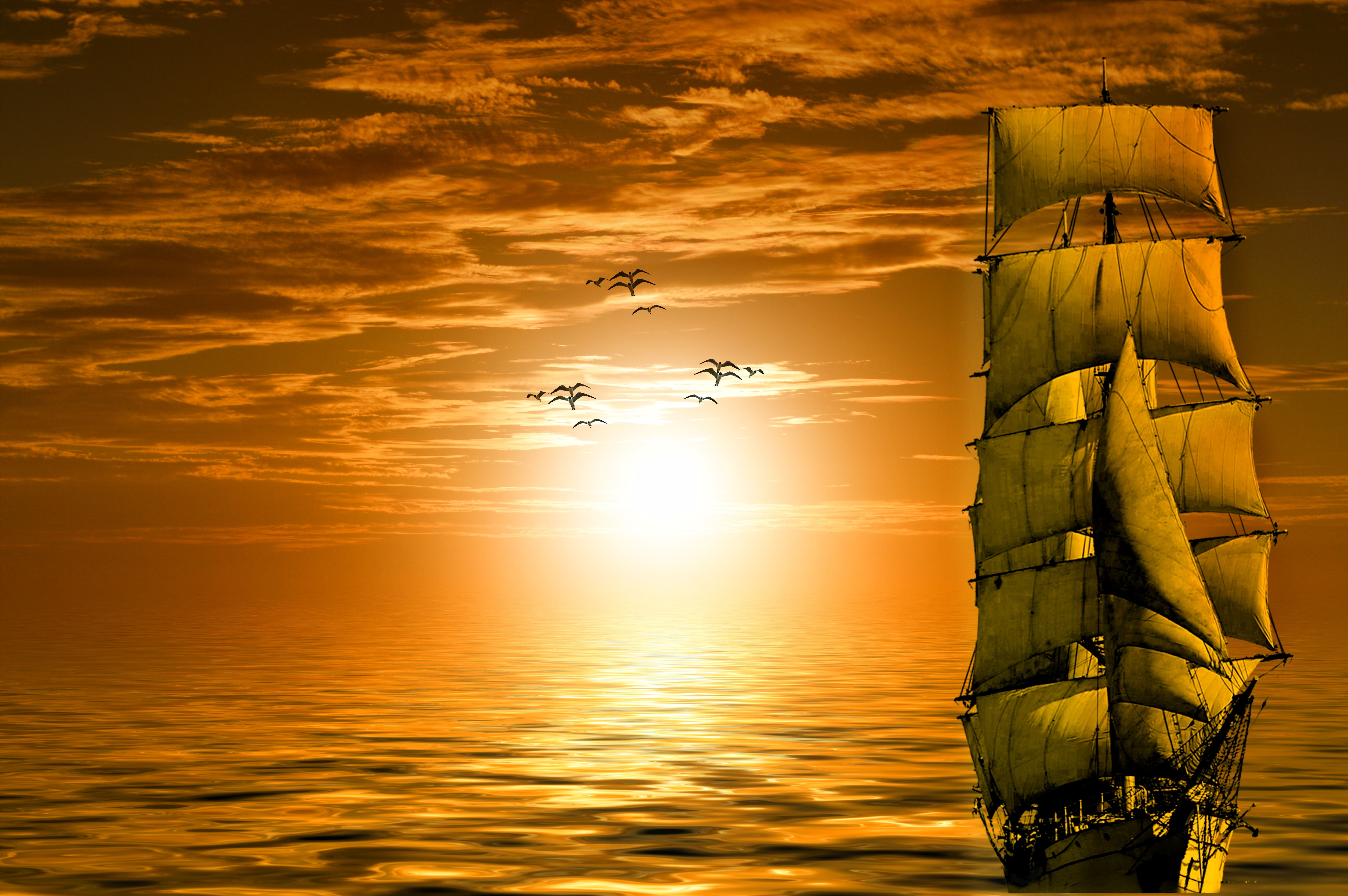 travel, sky, mode of transportation, transportation, reflection, beauty in nature, sunset, sun, sail, flying, sea, romantic, silhouette, ship, nature, gulls, HD Wallpaper