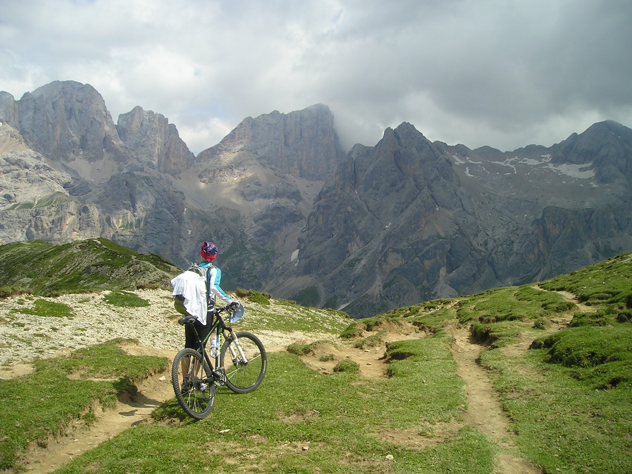 men, people, beauty in nature, outdoors, lifestyles, headwear, dolomites, women, real people, nature, 1080P, day, holding, woman, bike, path, clouds, riding, HD Wallpaper