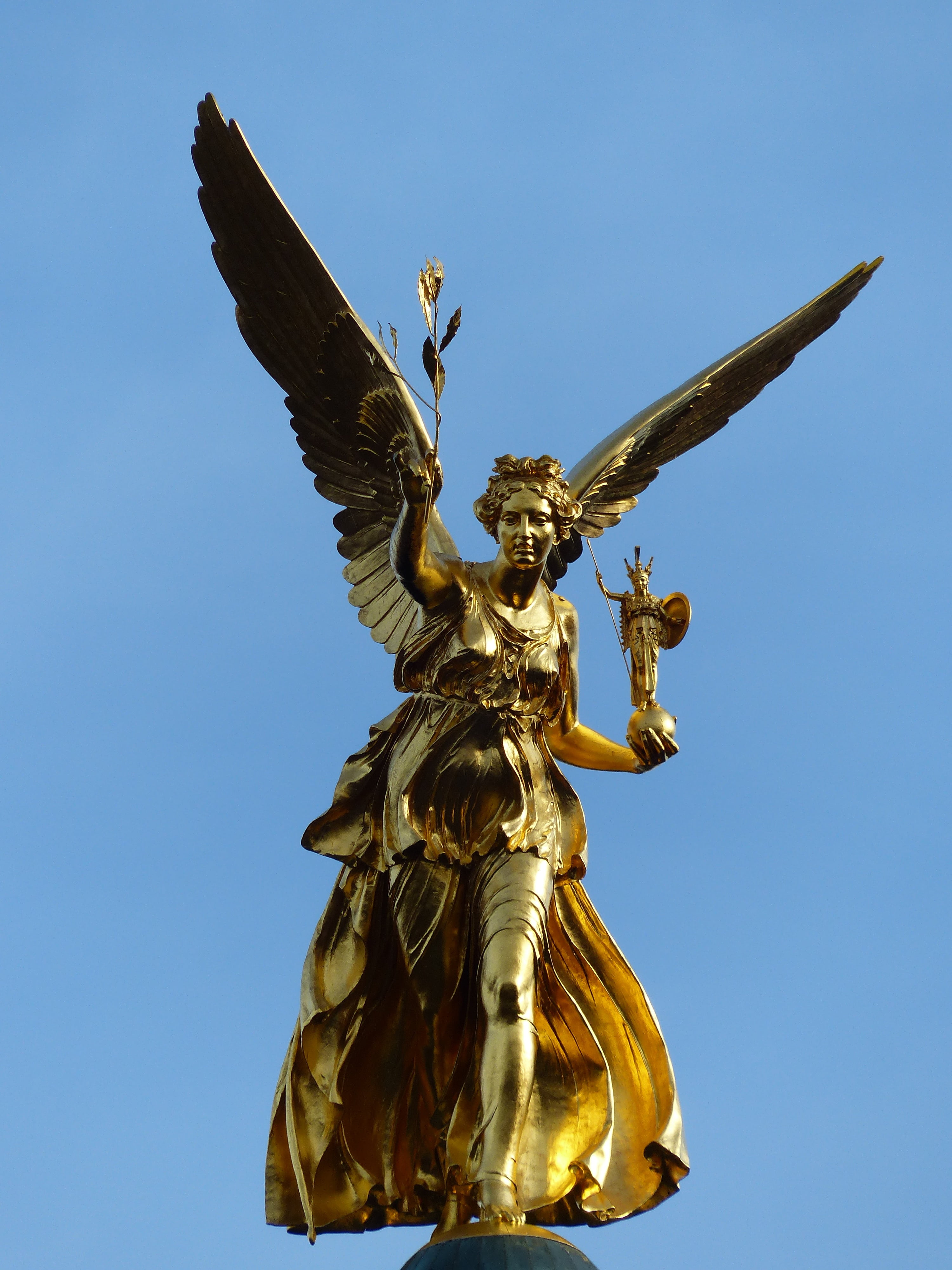 travel destinations, blue, 4K, art and craft, angel, craft, female, architecture, sculpture, day, low angle view, munich, the past, statue, gold colored, Phone HD Wallpaper