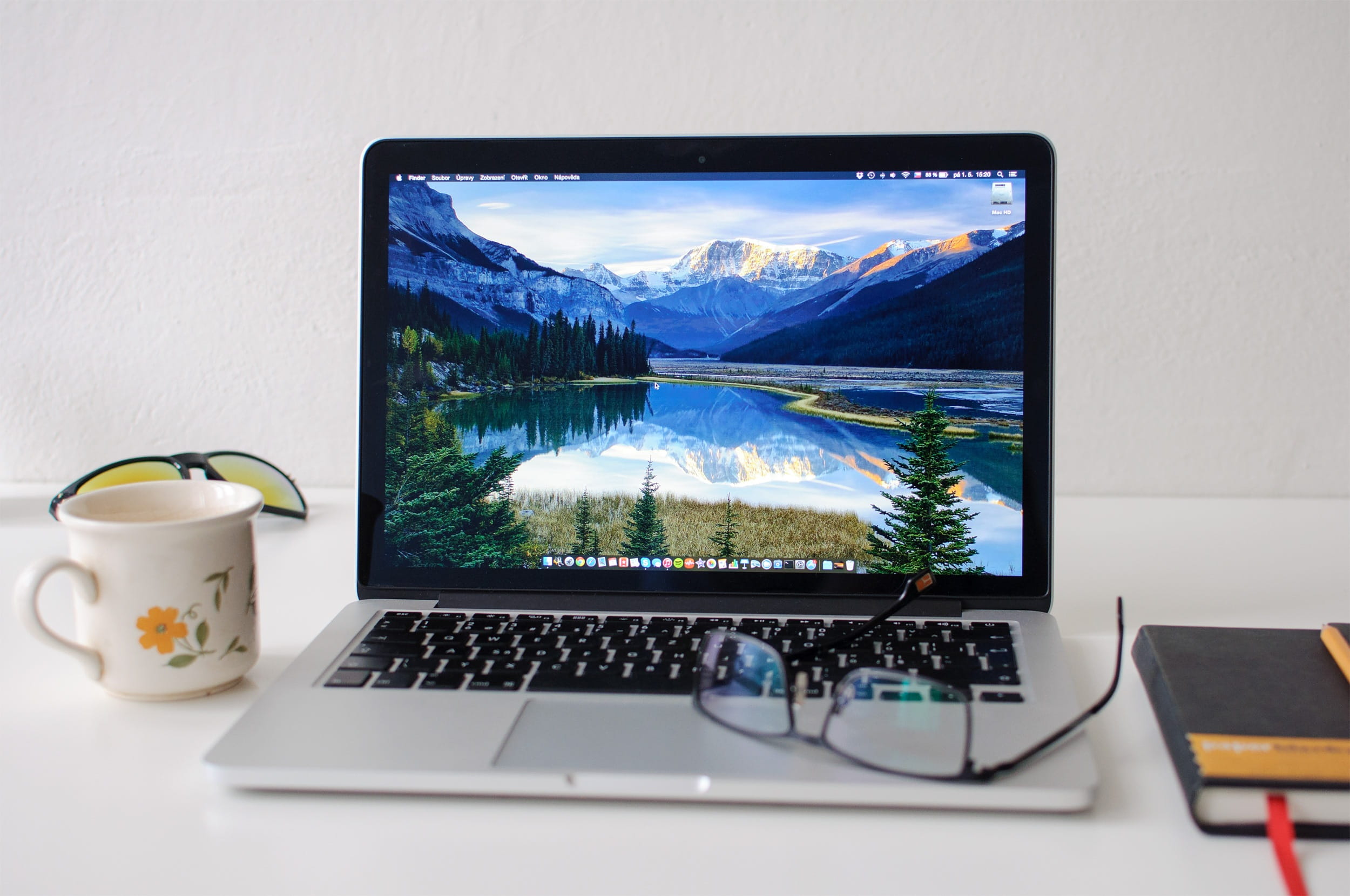 Macbook Pro, laptop, mug, keyboard, turned, indoors, macbook, communication, technology, computer network, furniture, computer keyboard, turned on, desktop, HD Wallpaper
