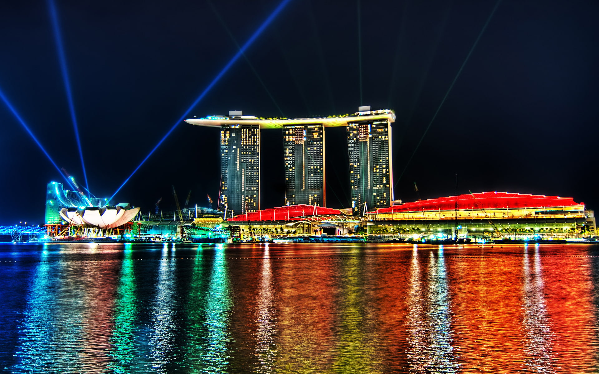 architecture, hotel, marina, water, lights, strobe, bay, 1080P, hdr, beam, buildings, skyscrapers, reflection, resort, singapore, color, sands, HD Wallpaper