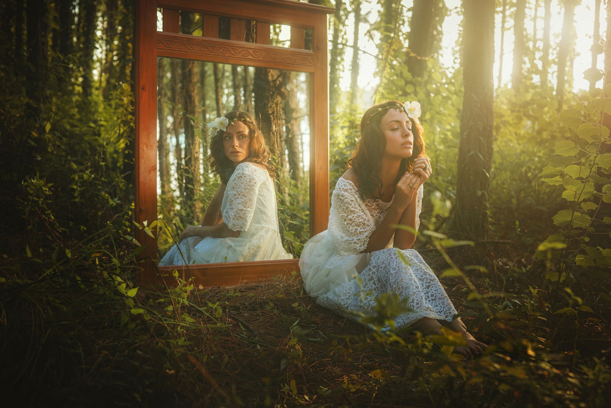 beautiful, brown, husband, sunlight, woodland, celebration, bouquet, girl, heterosexual Couple, men, females, adult, two People, plant, sitting, forest, HD Wallpaper