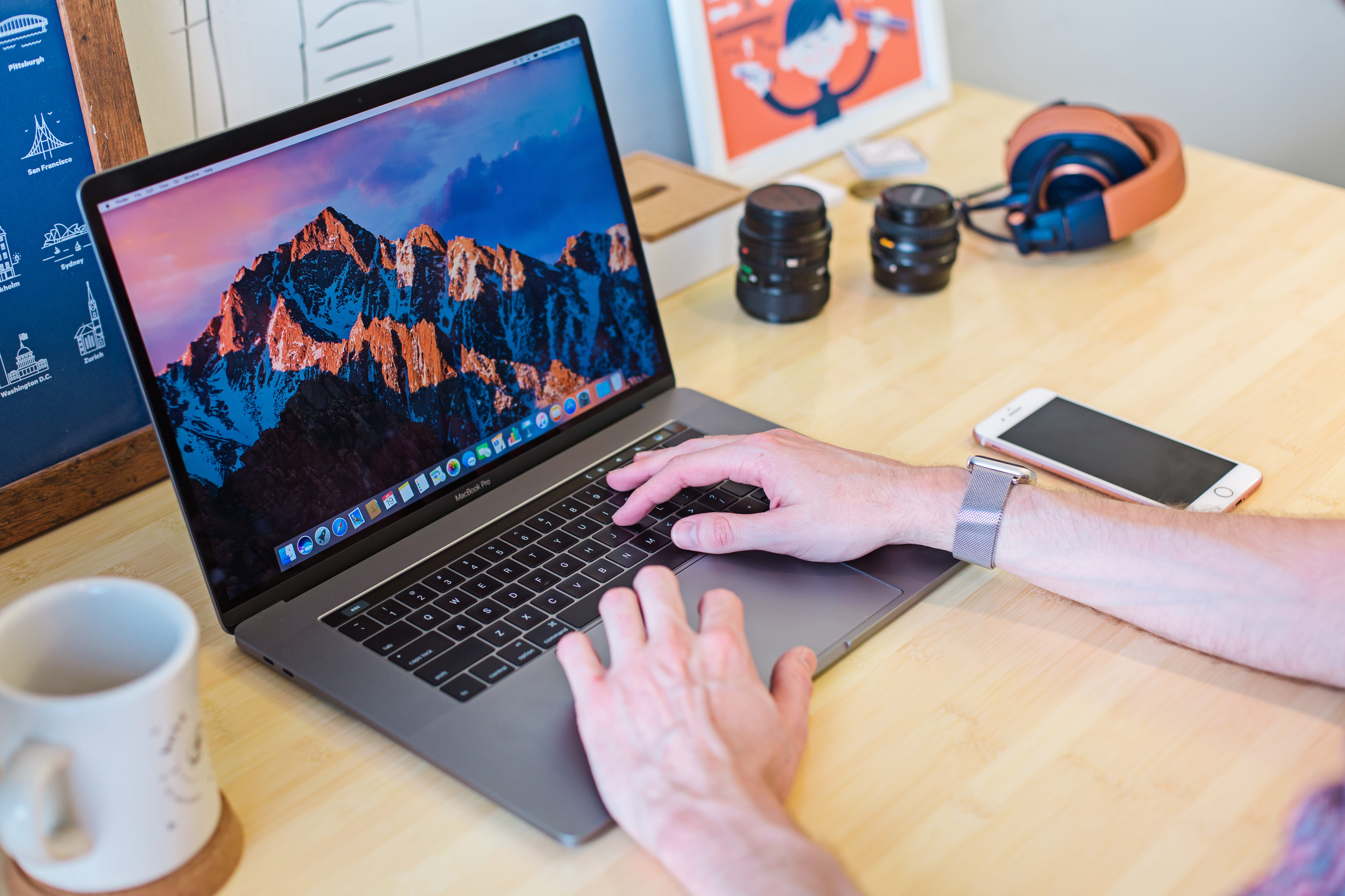 laptop, person, wearing, watch, business, screen, indoors, connection, designers desk, iphone, wireless technology, turned, mug, working, ceramic, human hand, HD Wallpaper