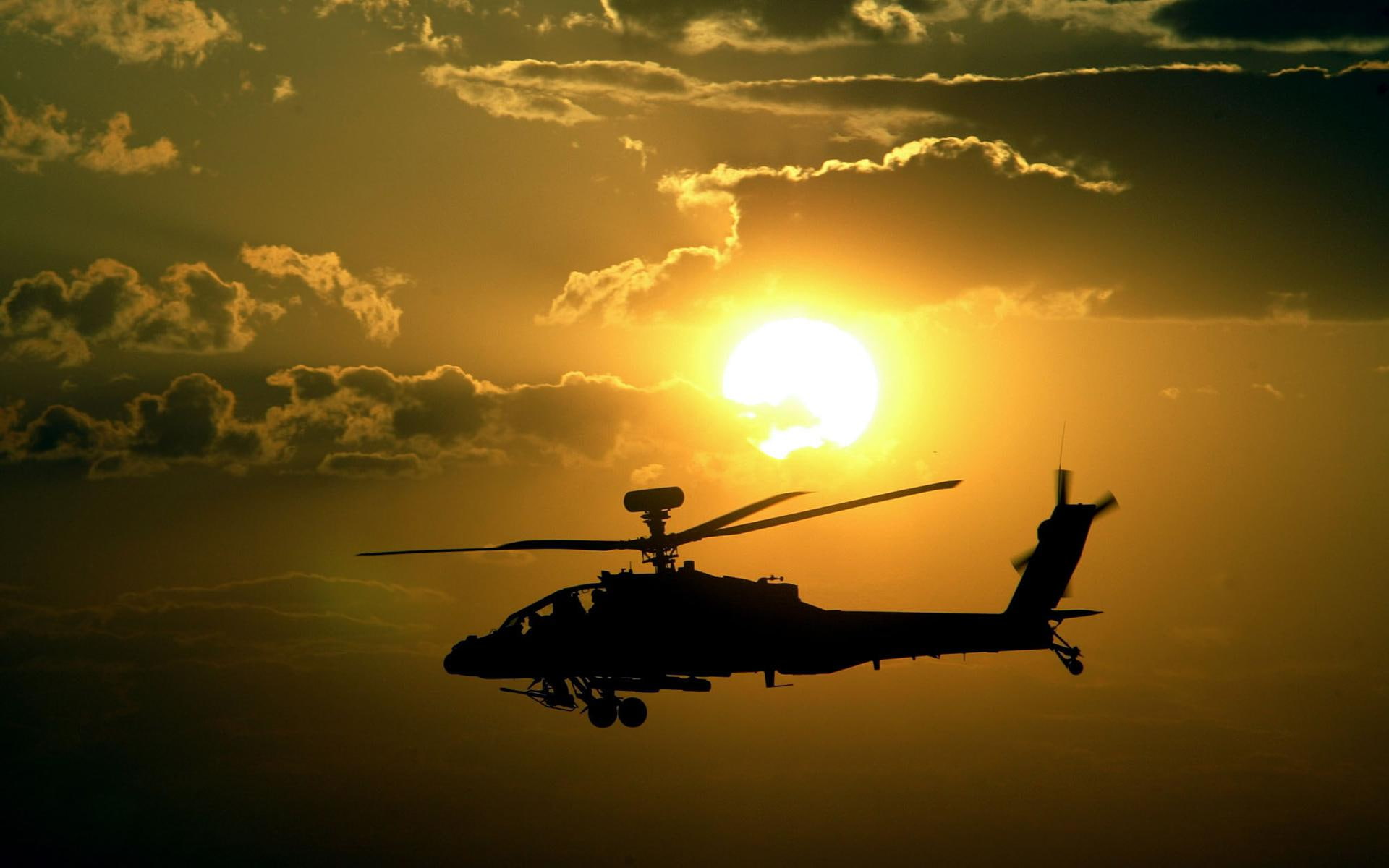 1080P, apache, sunset, airforce, helicopter, aircraft, flight, HD Wallpaper