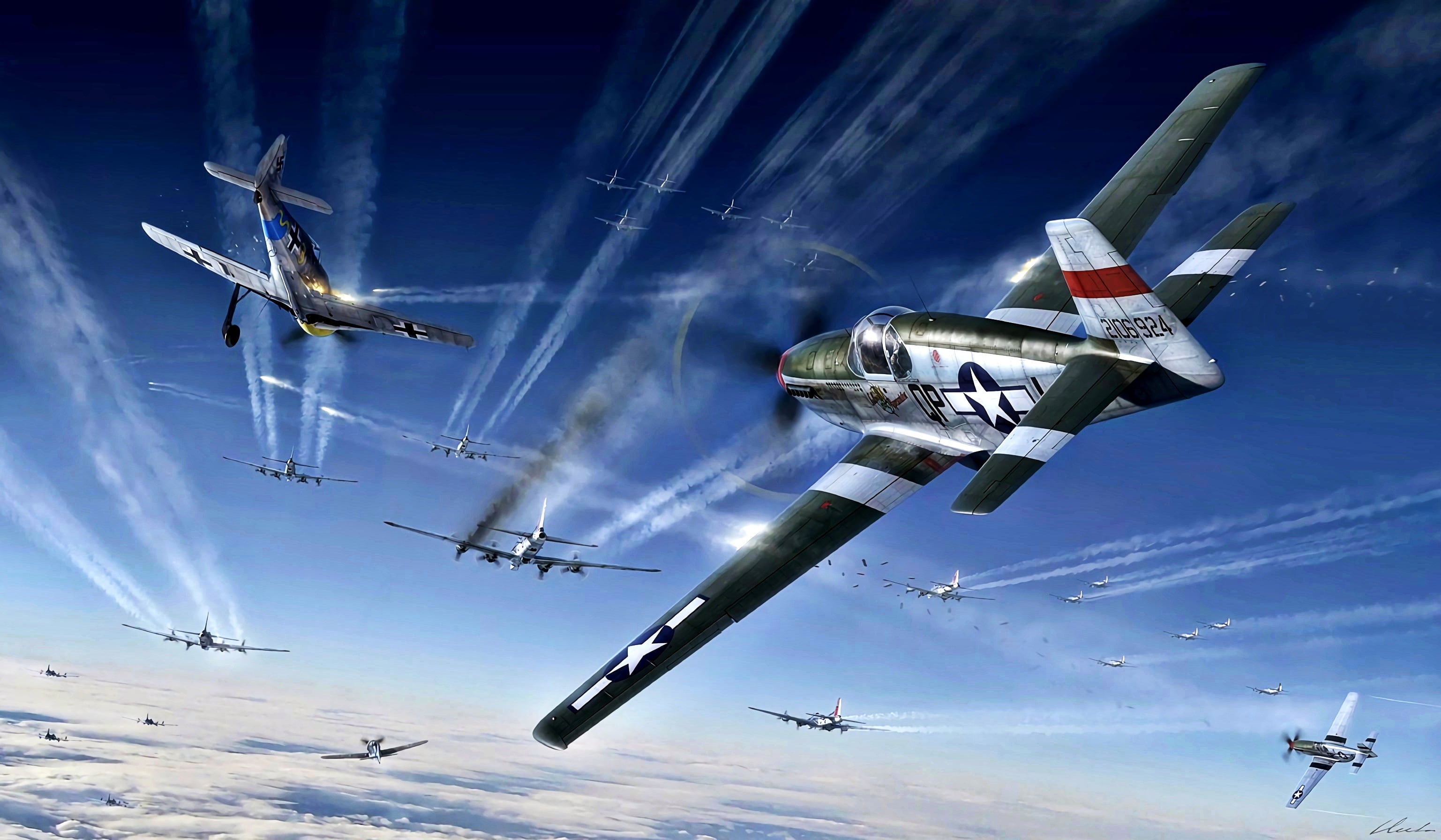 4th FG, B-17, The second World war, P-51, P-51B-15-NA, 334th FS, Fw.190A, 2K, Ralph Kid Hofer, 8AF USAF, War in the air, Mustang, HD Wallpaper