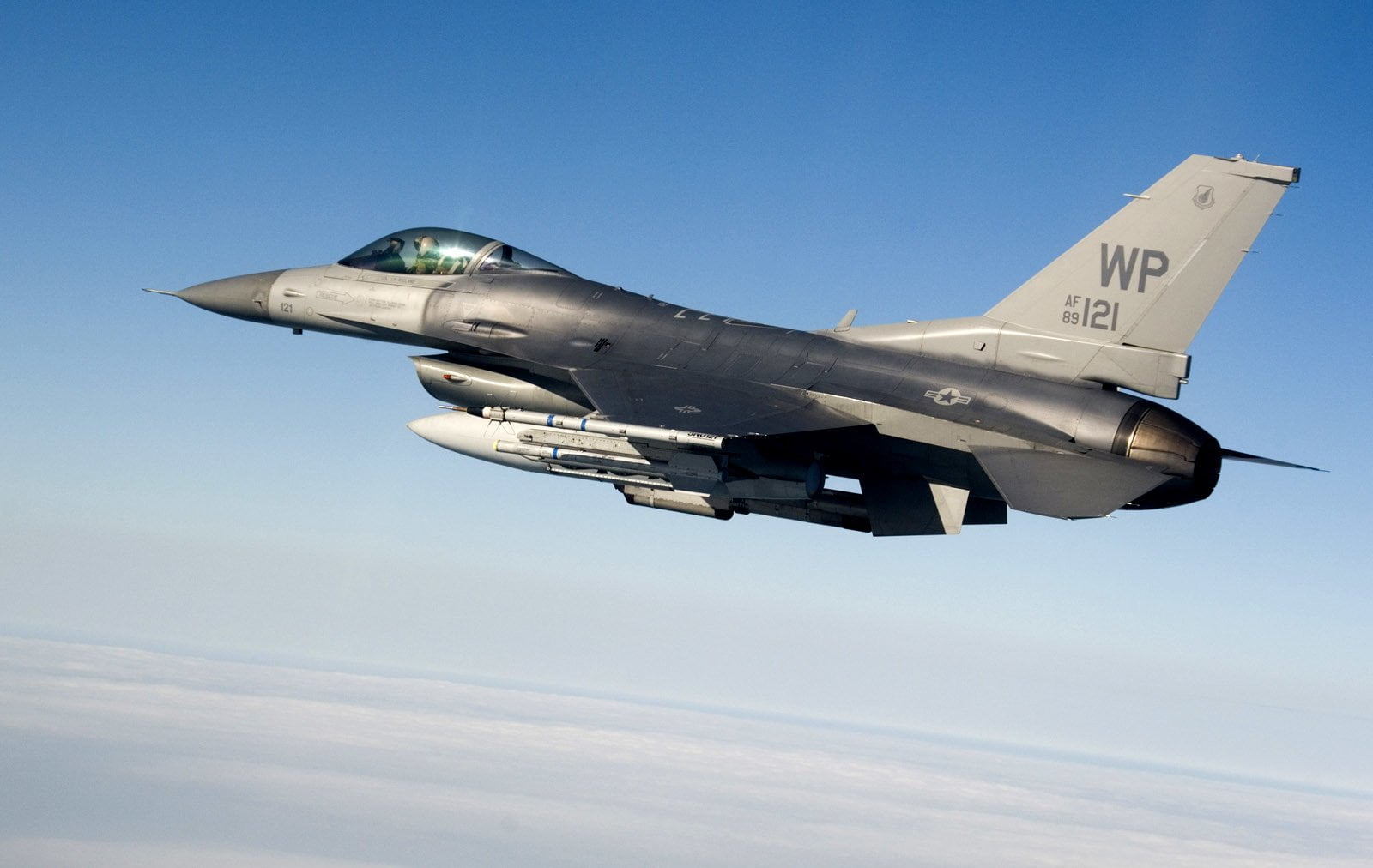 sky, on the move, army, wp, military, side view, jet, fighter, blue, 720P, airplane, single object, F-16, military airplane, plane, transportation, air vehicle, HD Wallpaper