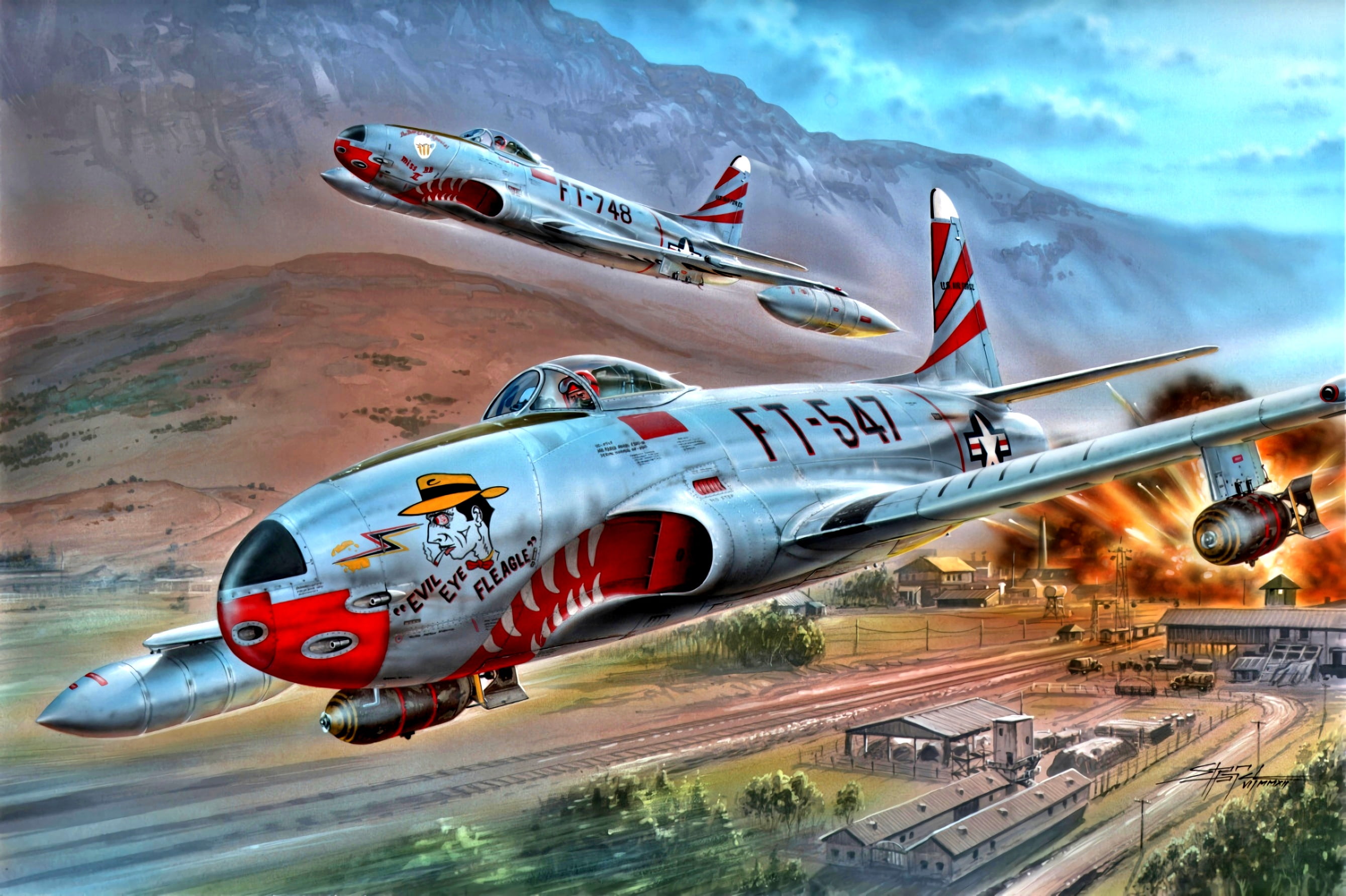 2K, F-80C, jet fighter, USAF, Shooting Star, The Korean war 1950-1953, bombs, HD Wallpaper