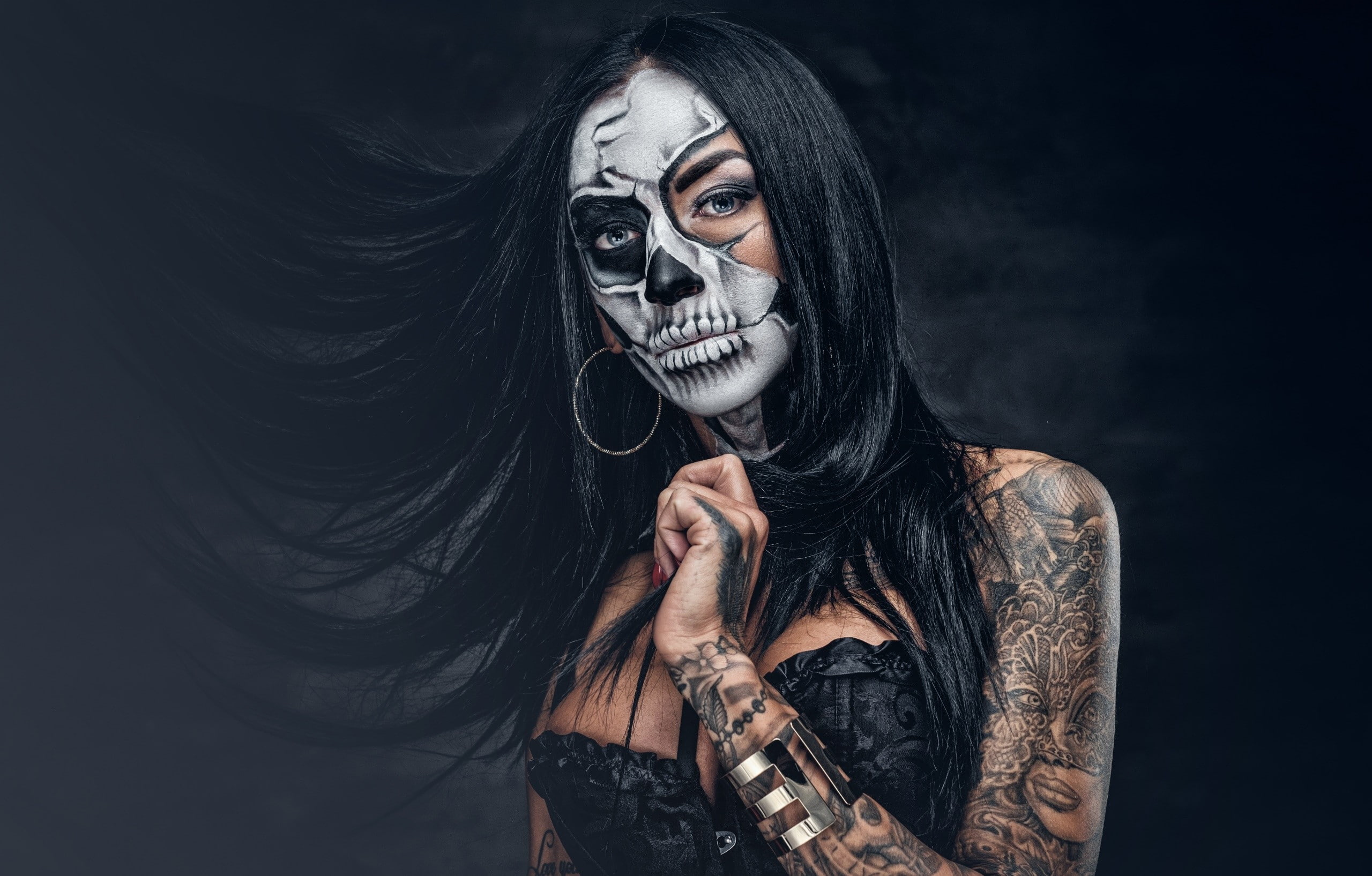 makeup, women, model, Dia de los Muertos, 2K, HD Wallpaper