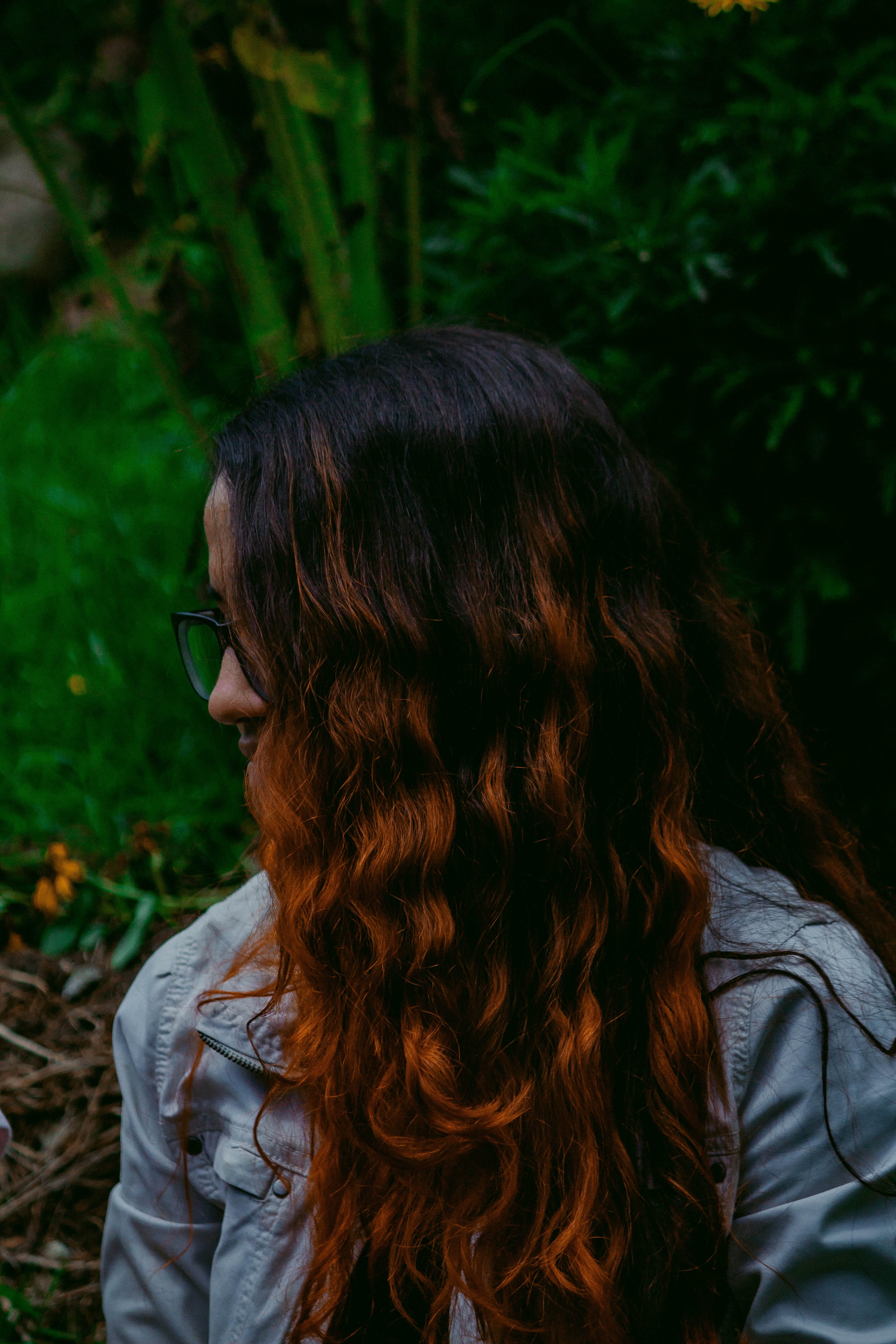 jacket, headshot, young adult, long hair, wearing, photography, person, 5K, portrait, vegetation, casual clothing, degradade, green, leafed, skin, clothing, Phone HD Wallpaper