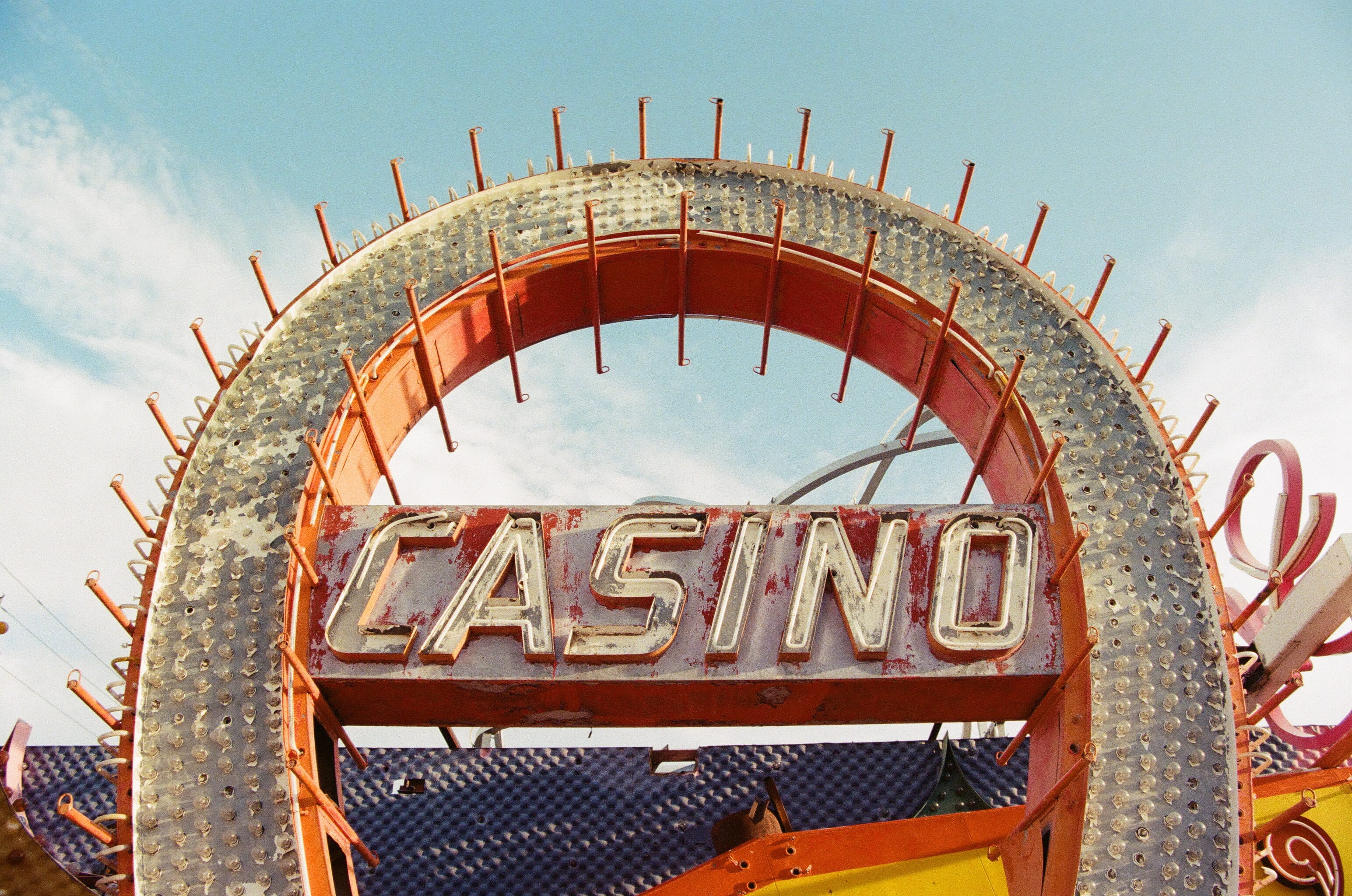 gate, metal, amusement park, architecture, text, outdoors, capital letter, film, casino, vegas, entrance, no people, sky, degraded, arts culture and entertainment, HD Wallpaper