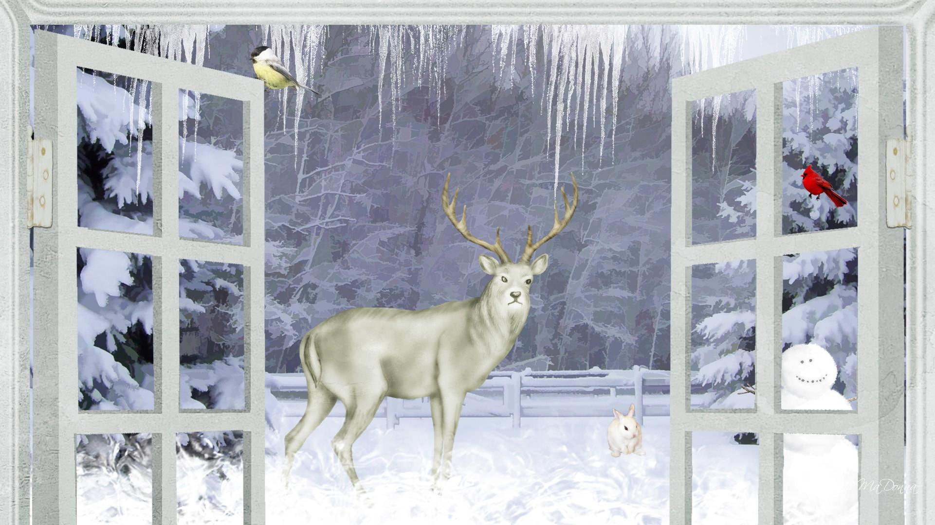 firefox persona, 3d and a, looking, deer, trees, fence, birds, window, 1080P, cold, icicles, snowman, winter, stag, HD Wallpaper
