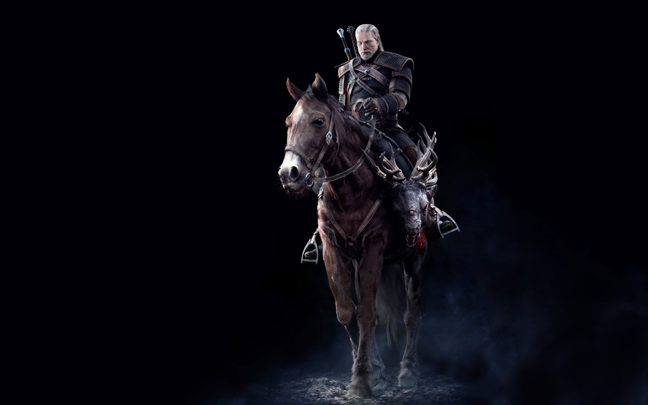 black background, full length, people, herbivorous, The Witcher, Geralt of Rivia, copy space, studio shot, one animal, animal wildlife, front view, video games, HD Wallpaper