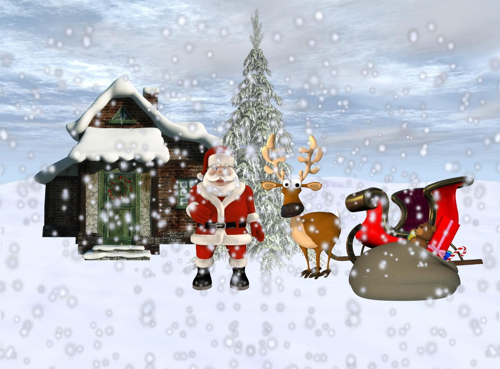 sleigh, home, gifts, snow, santa, reindeer, 720P, santa claus, tree, claus, HD Wallpaper