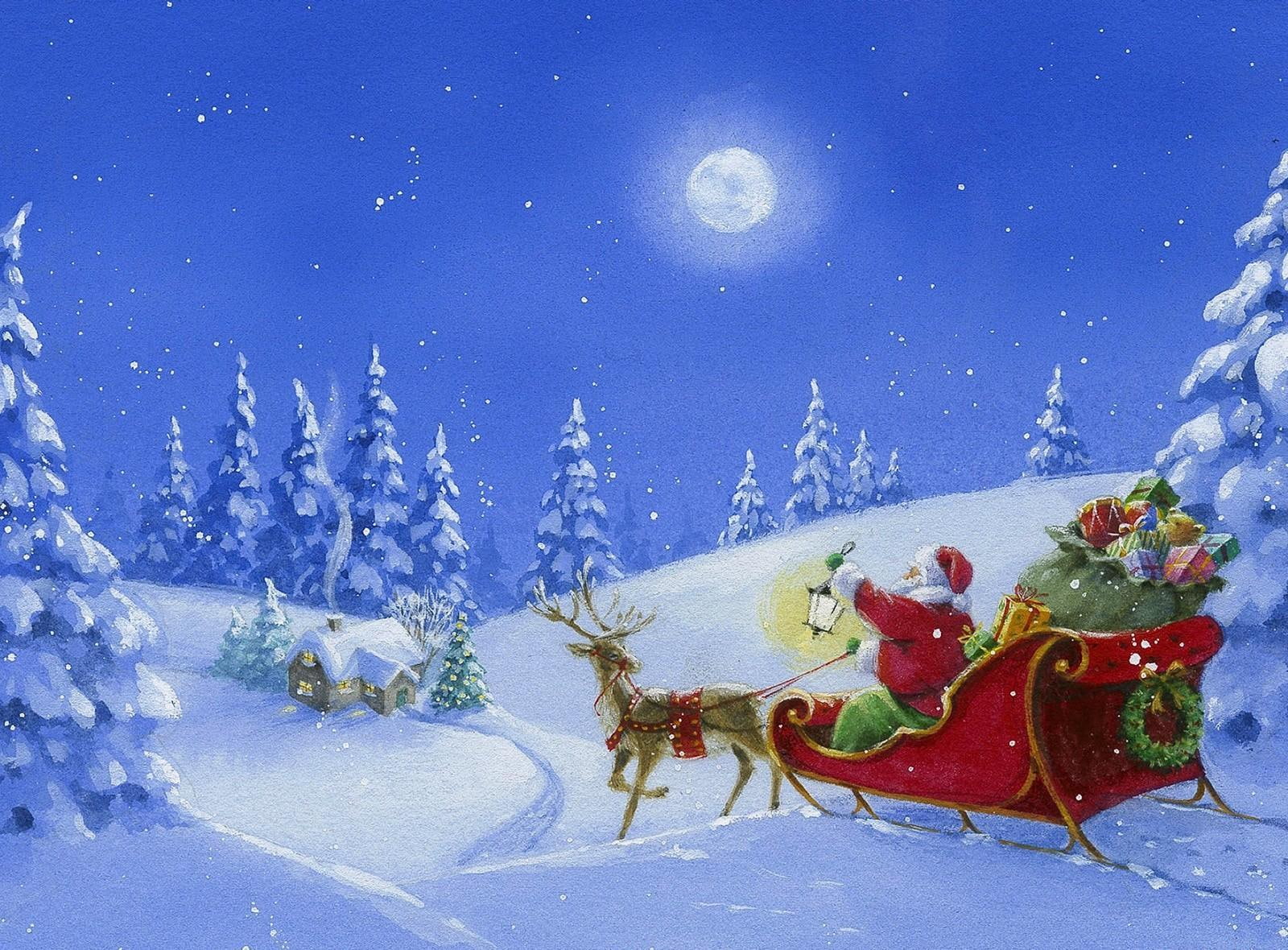 santa claus, wood, santa, 720P, gifts, light, house, reindeer, moon, sleigh, red, night, claus, HD Wallpaper