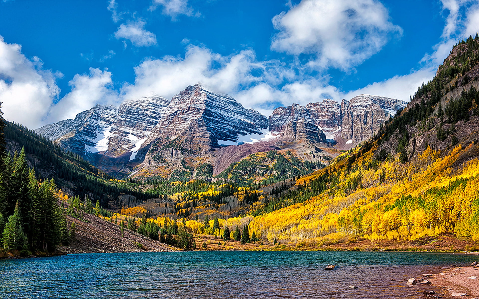 elk, bells, green, autumn, pine, leaves, lake, wonderful, white, maroon, rocky, blue, mountains, clouds, forest, aspen, 1080P, birch, yellow, mountain, HD Wallpaper