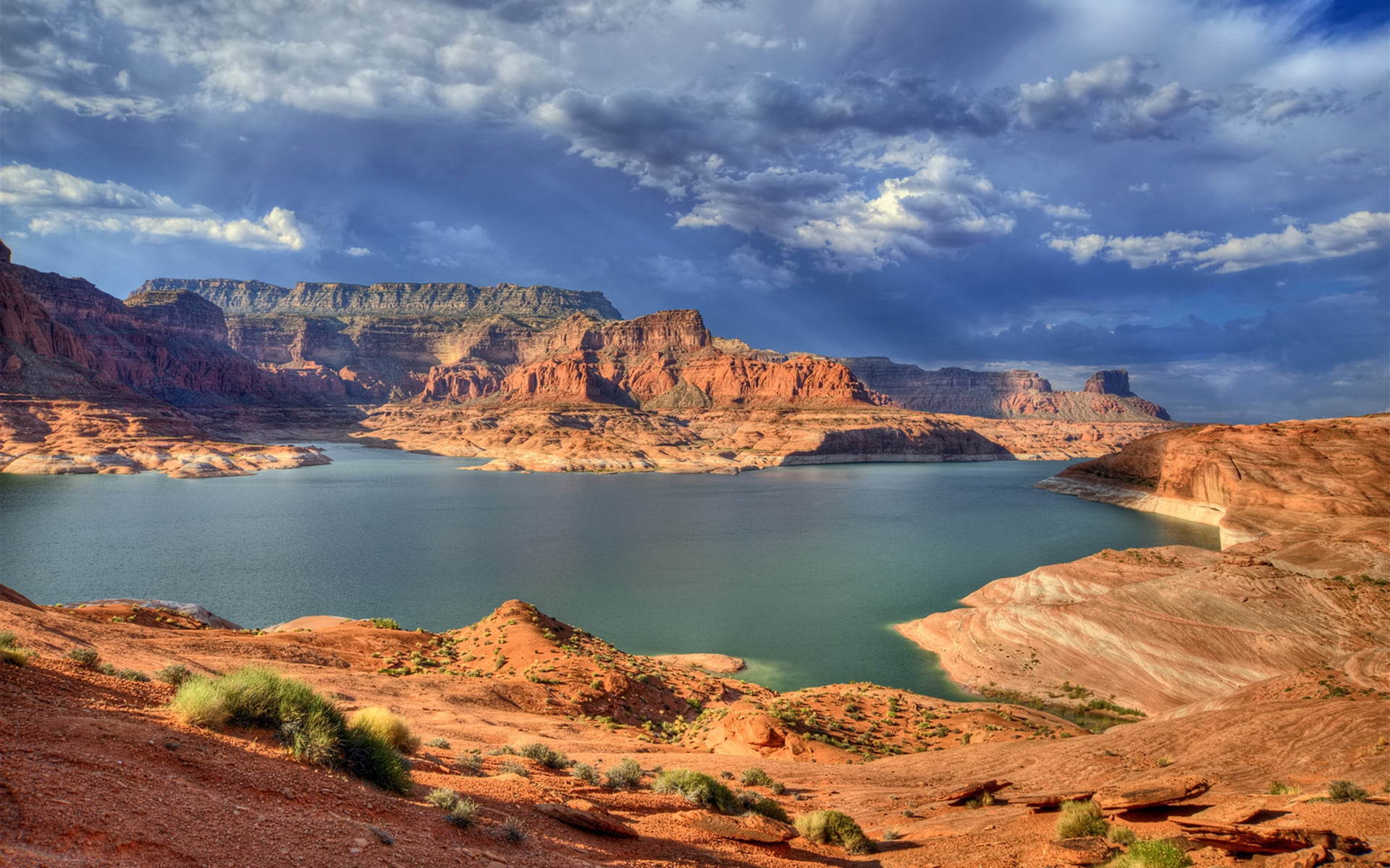 red Rocks, grand Canyon, sandstone, cloud - sky, lake, canyons, red, water, idyllic, non-urban scene, west - Direction, blue, tranquility, light, outdoors, HD Wallpaper