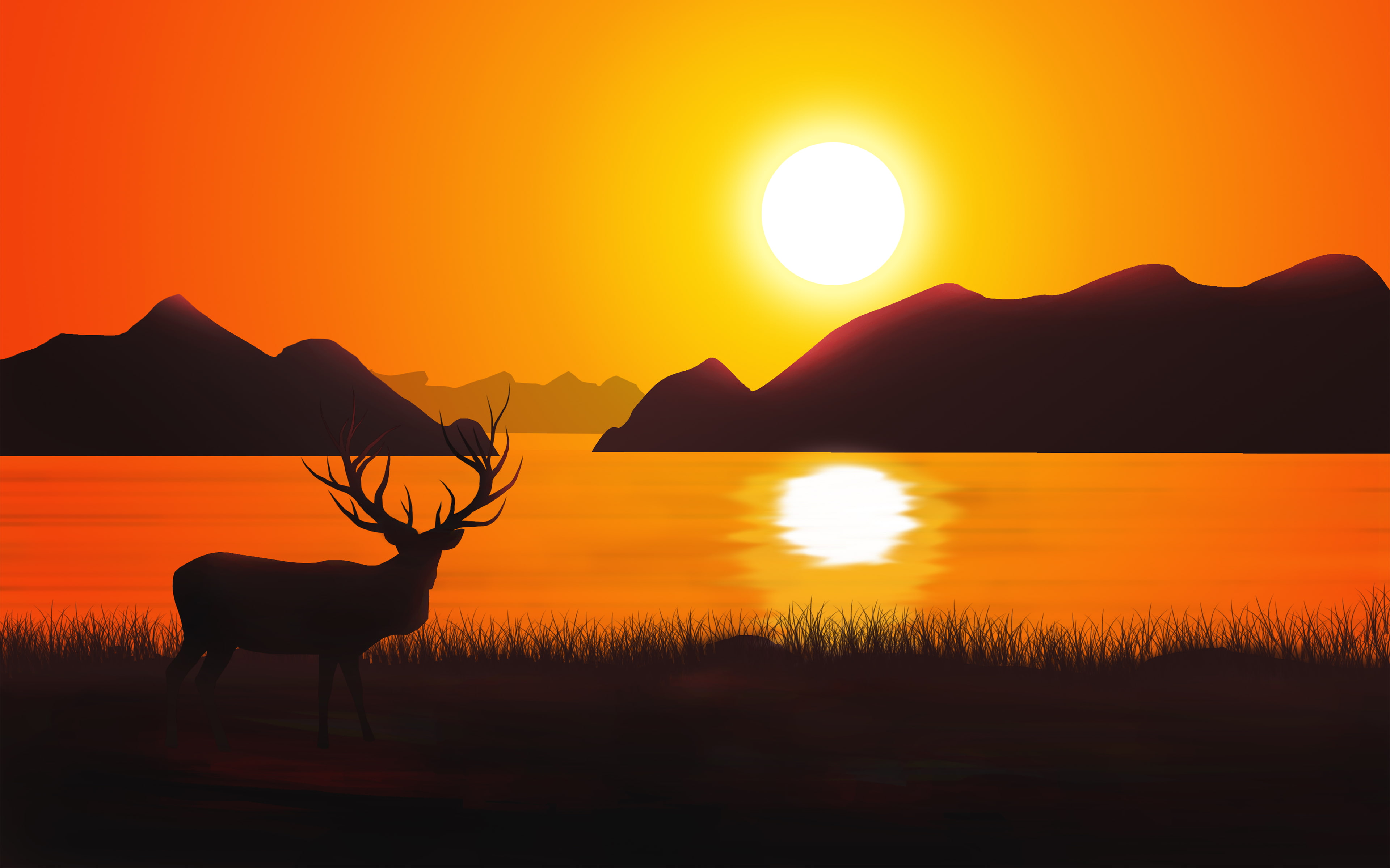 4K, k, Deer, sunset, Silhouette, HD Wallpaper