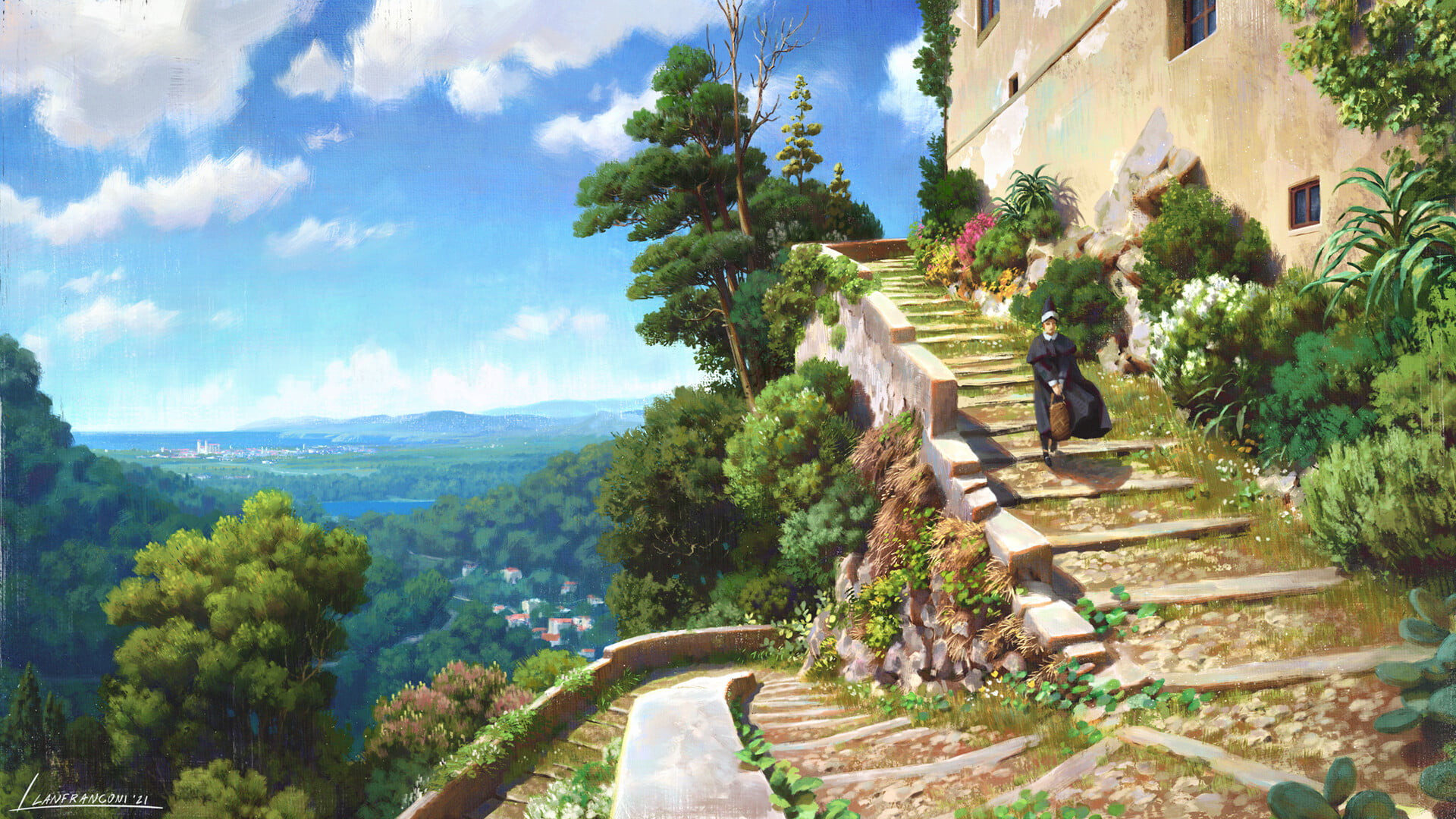 forest, stairs, women, village, Lorenzo Lanfranconi, 1080P, digital art, HD Wallpaper